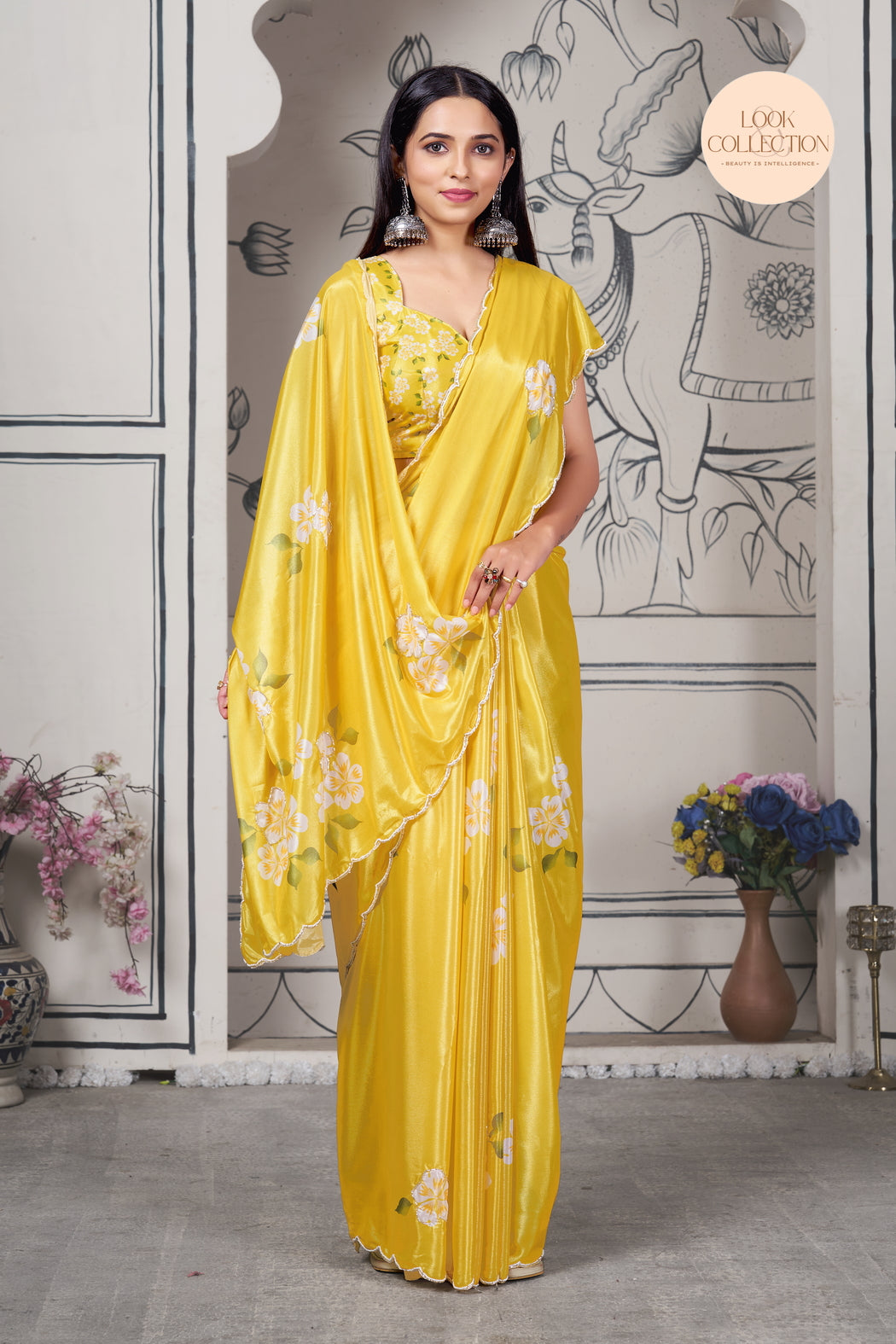 Stunning New yellow Printed Pure Chinon Cutwork Saree