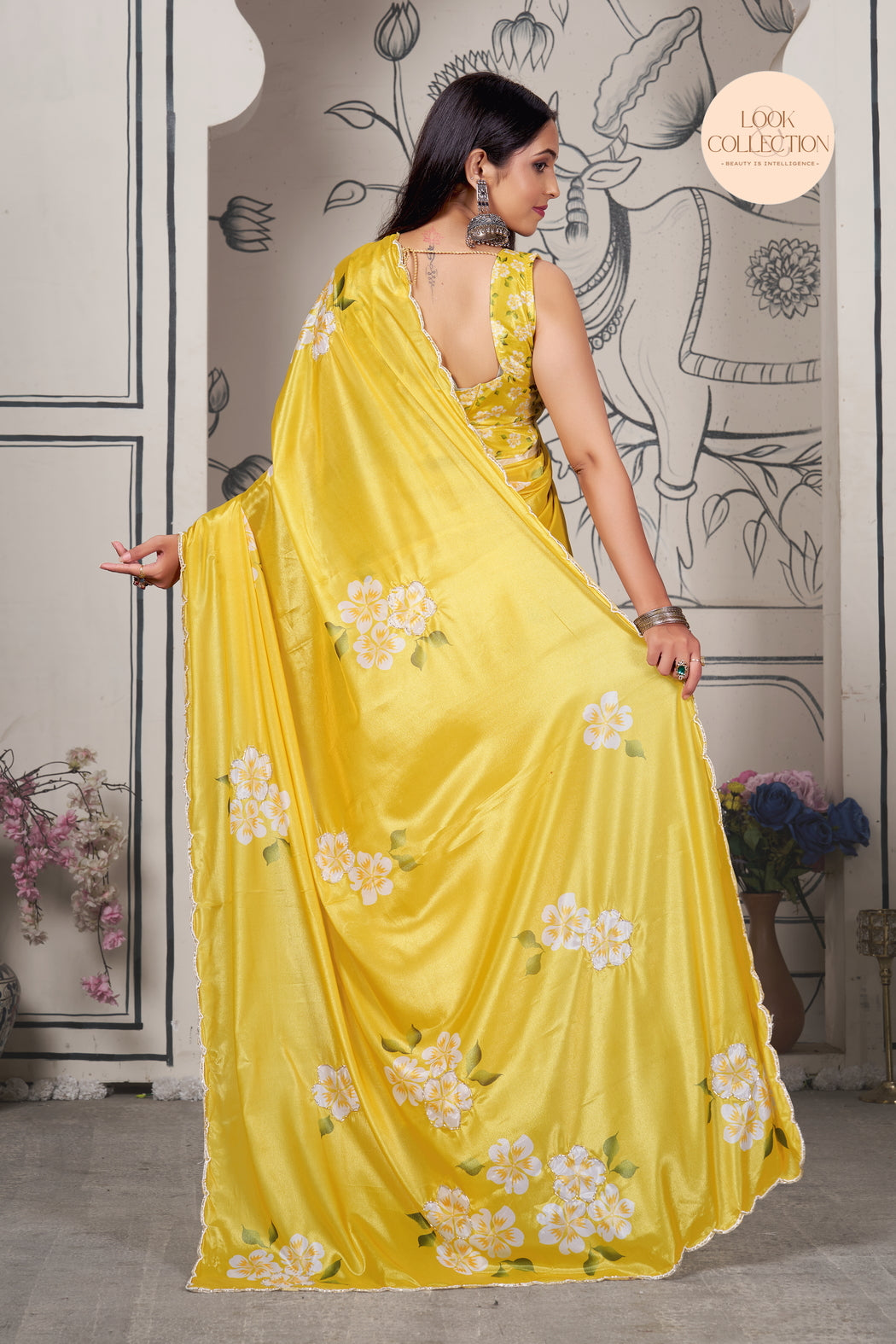 Stunning New yellow Printed Pure Chinon Cutwork Saree
