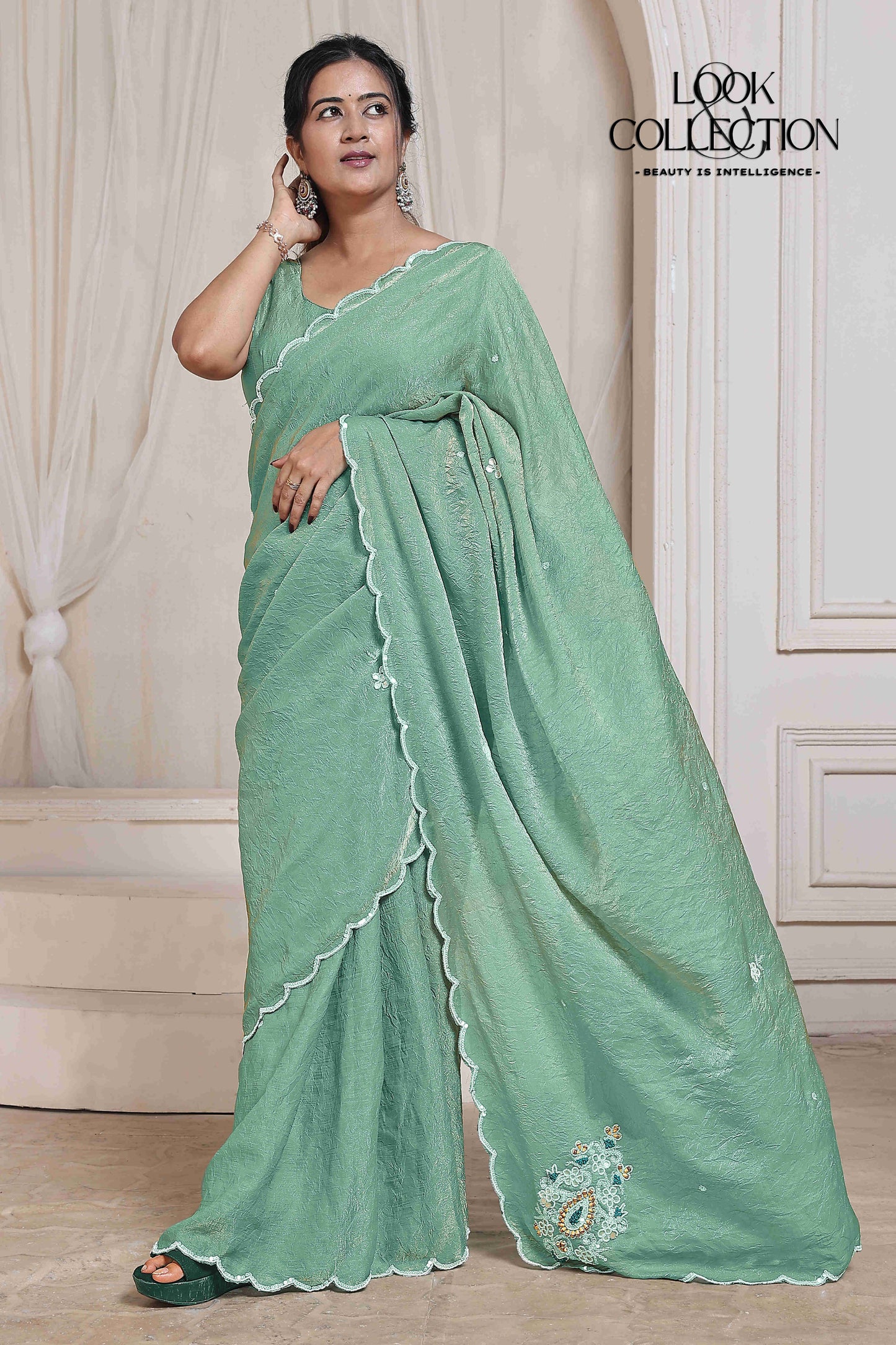 Presenting Light Green Full Handowrk saree On Fandy Crush Fabric