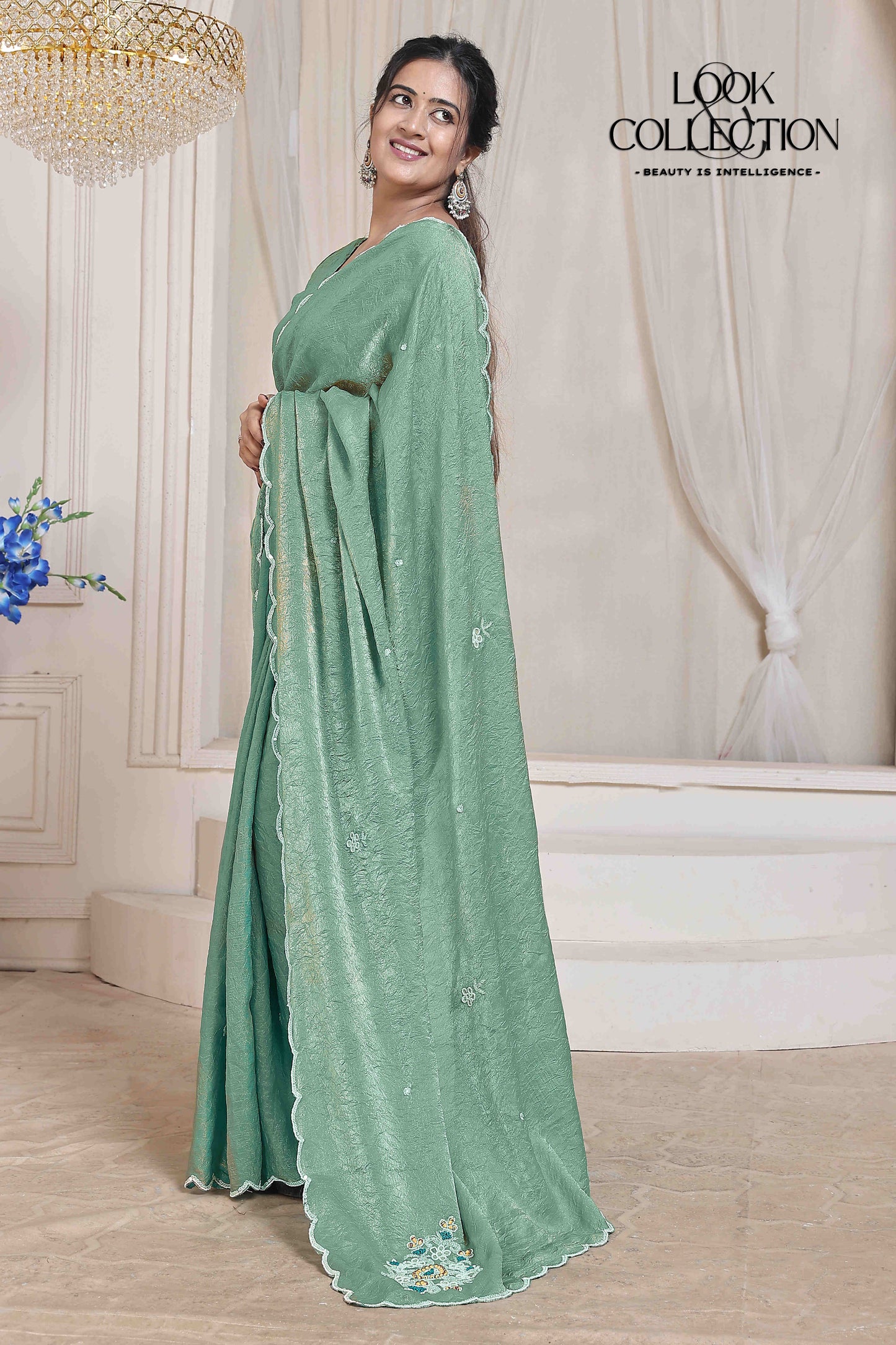 Presenting Light Green Full Handowrk saree On Fandy Crush Fabric