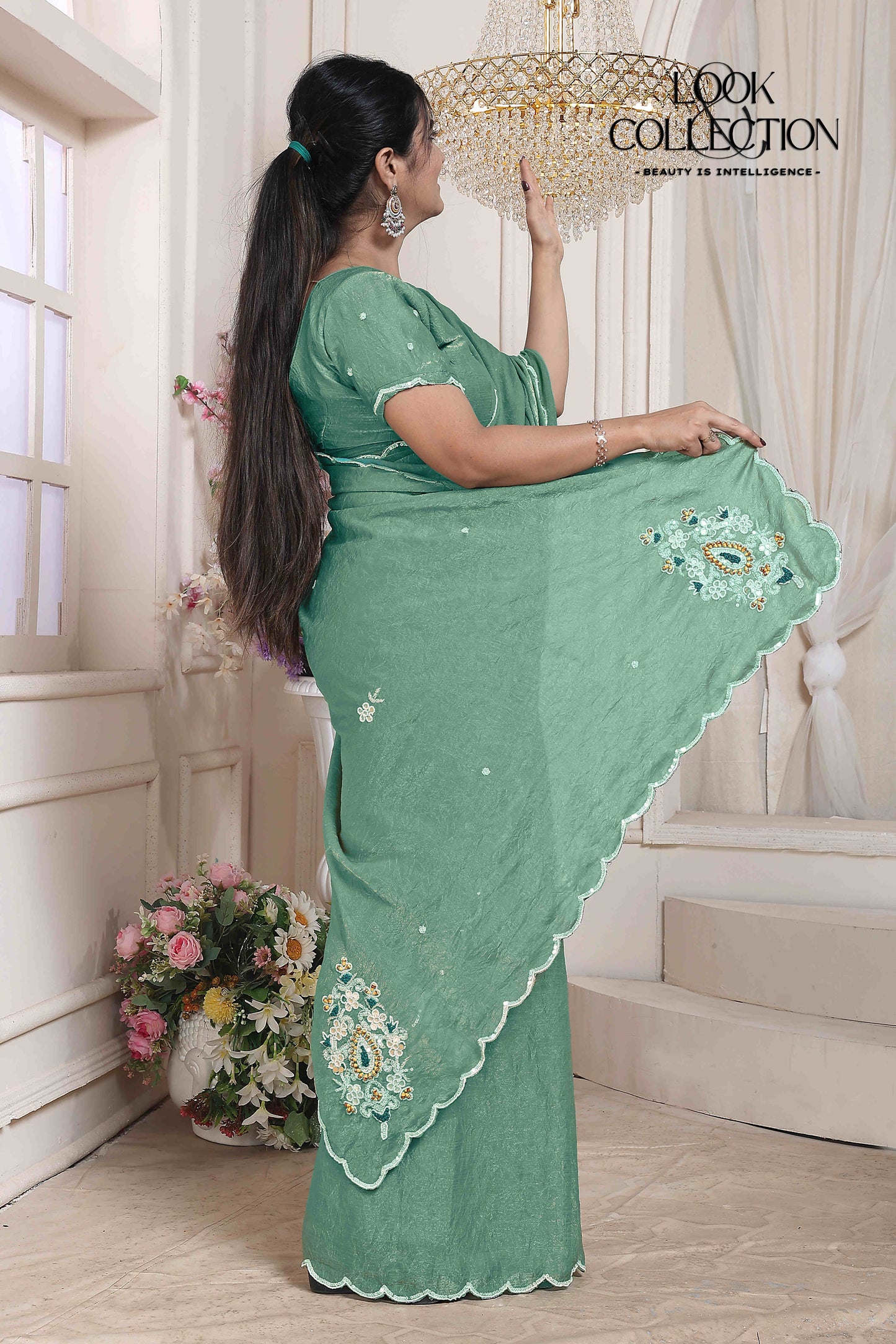 Presenting Light Green Full Handowrk saree On Fandy Crush Fabric