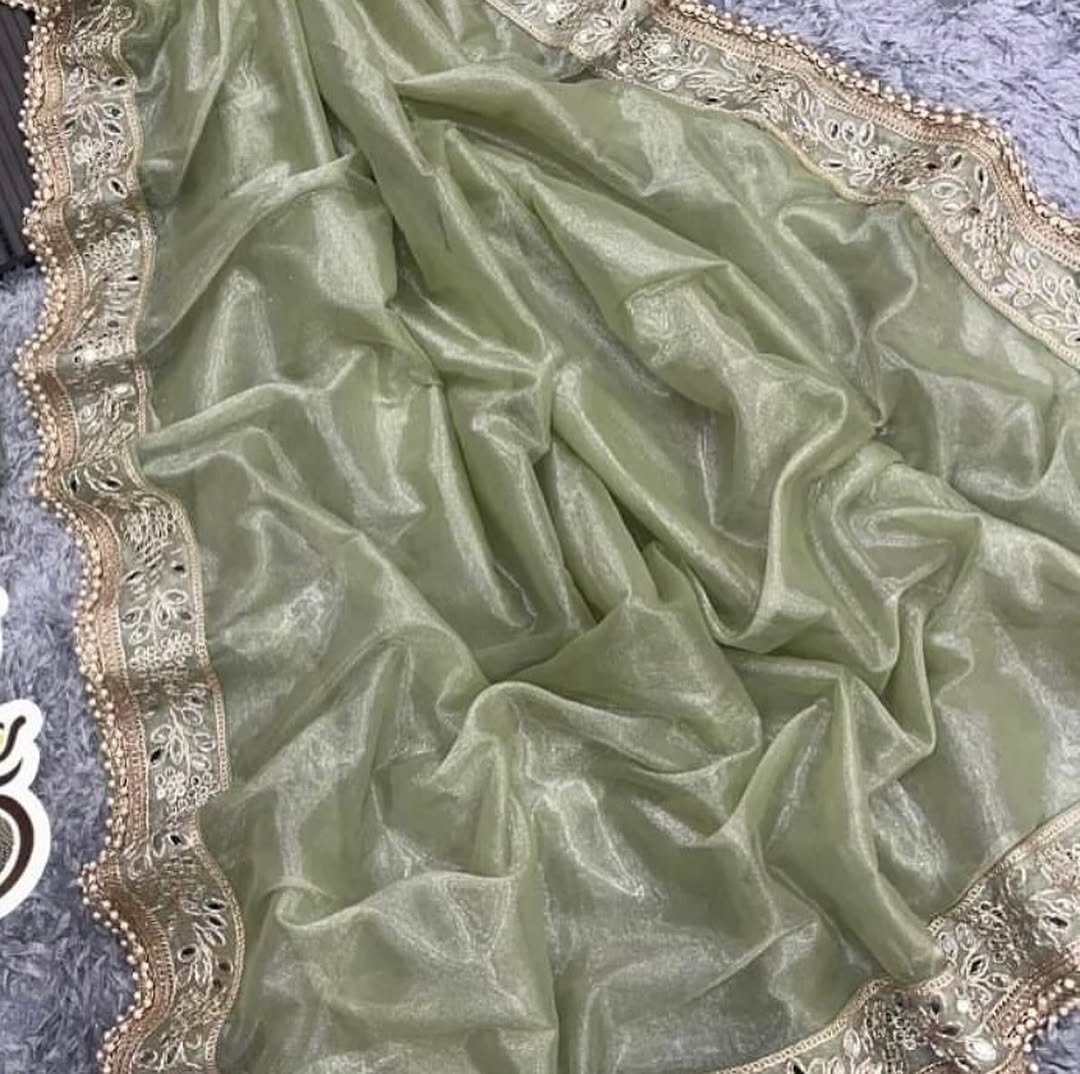 Silver Tissue Silk Saree with Designer Embroidery & Mirror Work