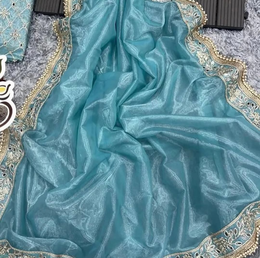 Silver Tissue Silk Saree with Designer Embroidery & Mirror Work