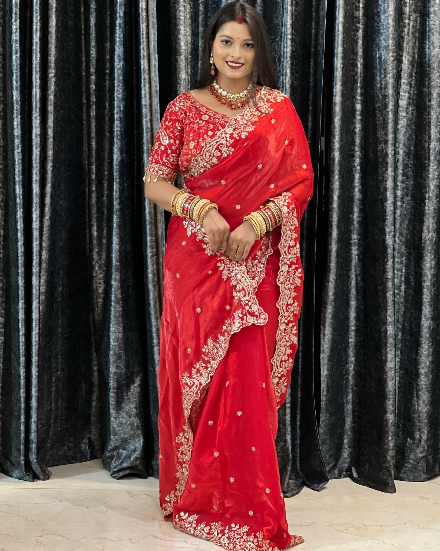 Luxe Fendy Satin Saree with 3mm Sequin Embroidery & Heavy Border