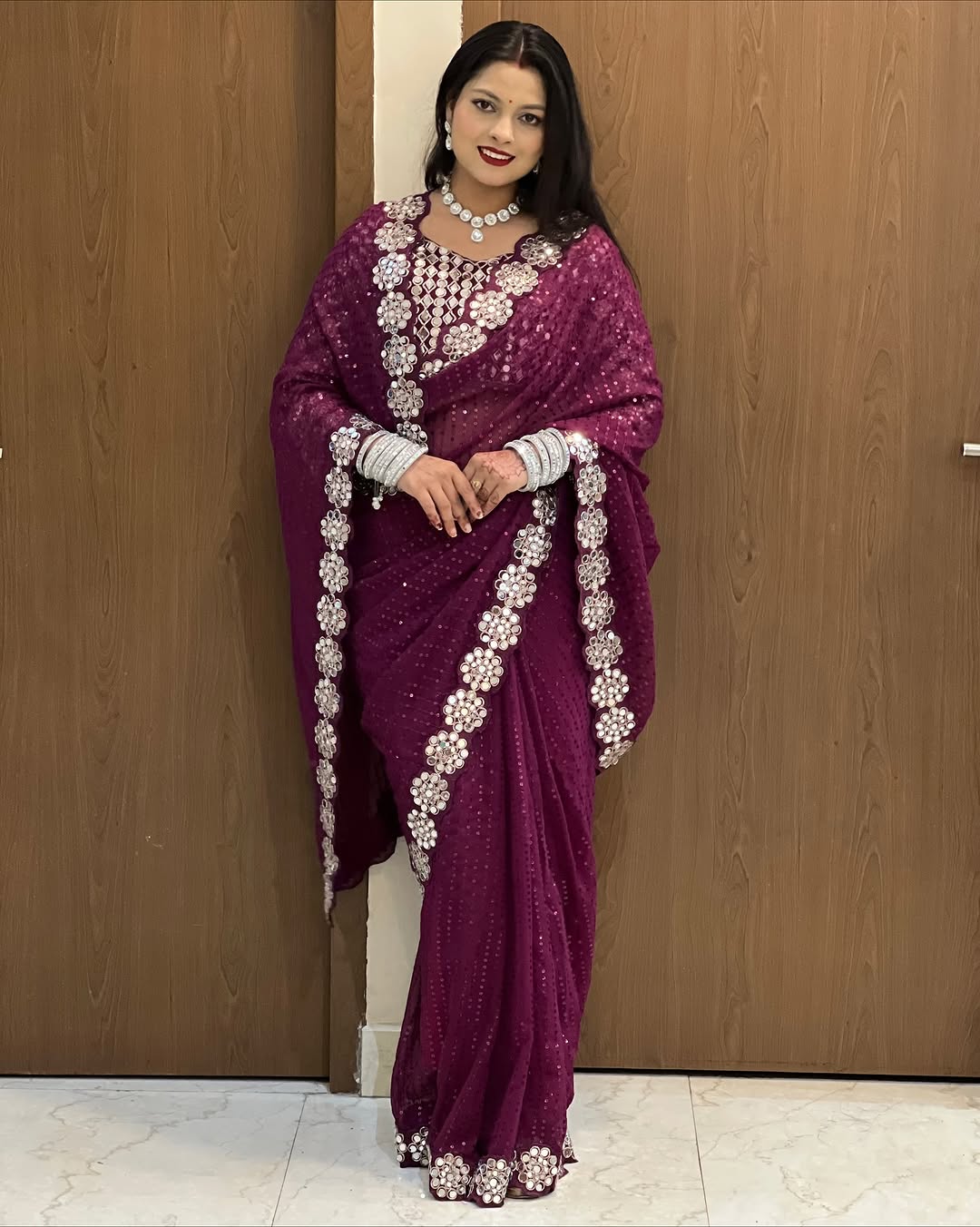Stylish Georgette Mirror Work Saree with Sequins & Full-Stitch Blouse