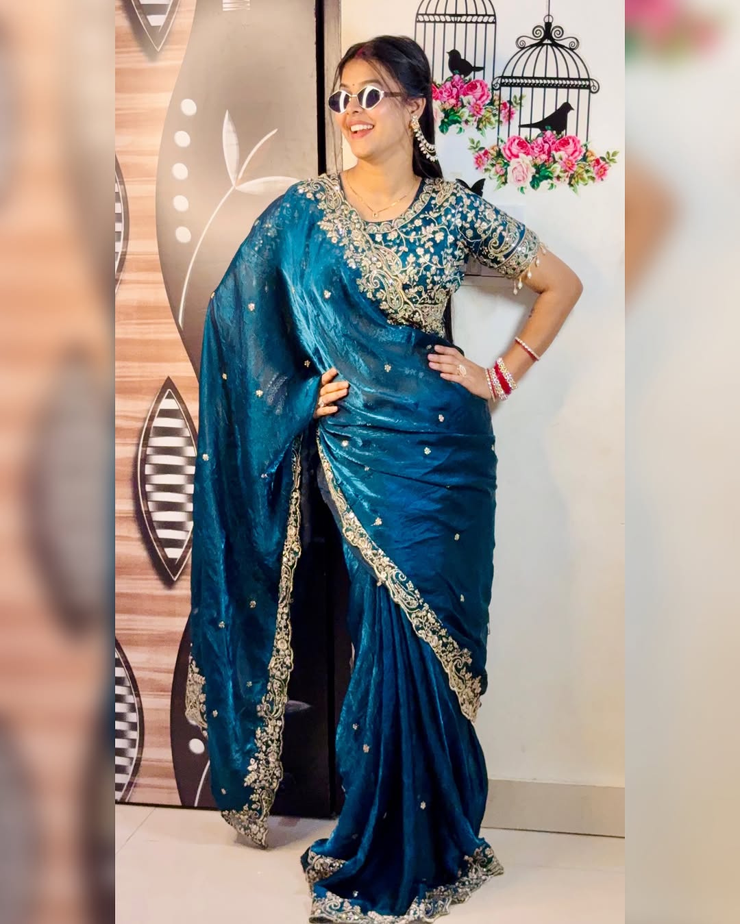 Luxe Fendy Satin Saree with 3mm Sequin Embroidery & Heavy Border