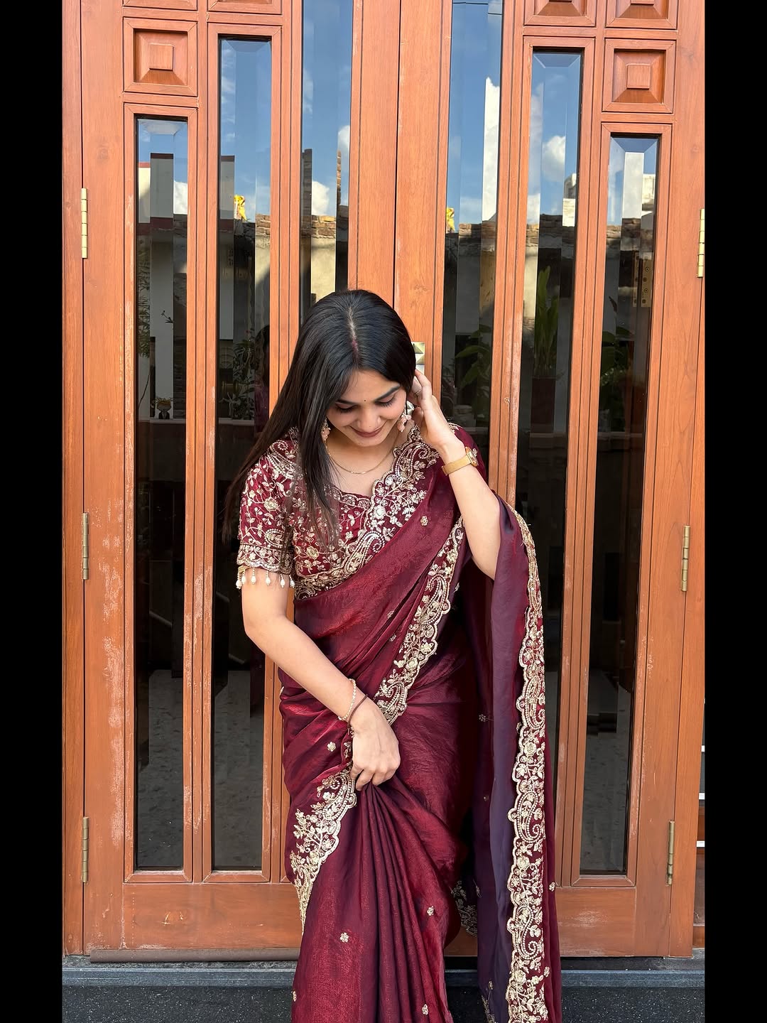 Luxe Fendy Satin Saree with 3mm Sequin Embroidery & Heavy Border