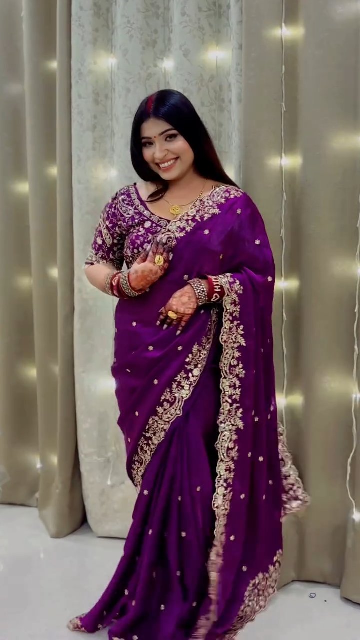 Luxe Fendy Satin Saree with 3mm Sequin Embroidery & Heavy Border