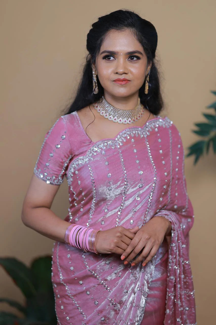 Luxurious Glam Handwork Saree Premium Space Silk with Beads Work