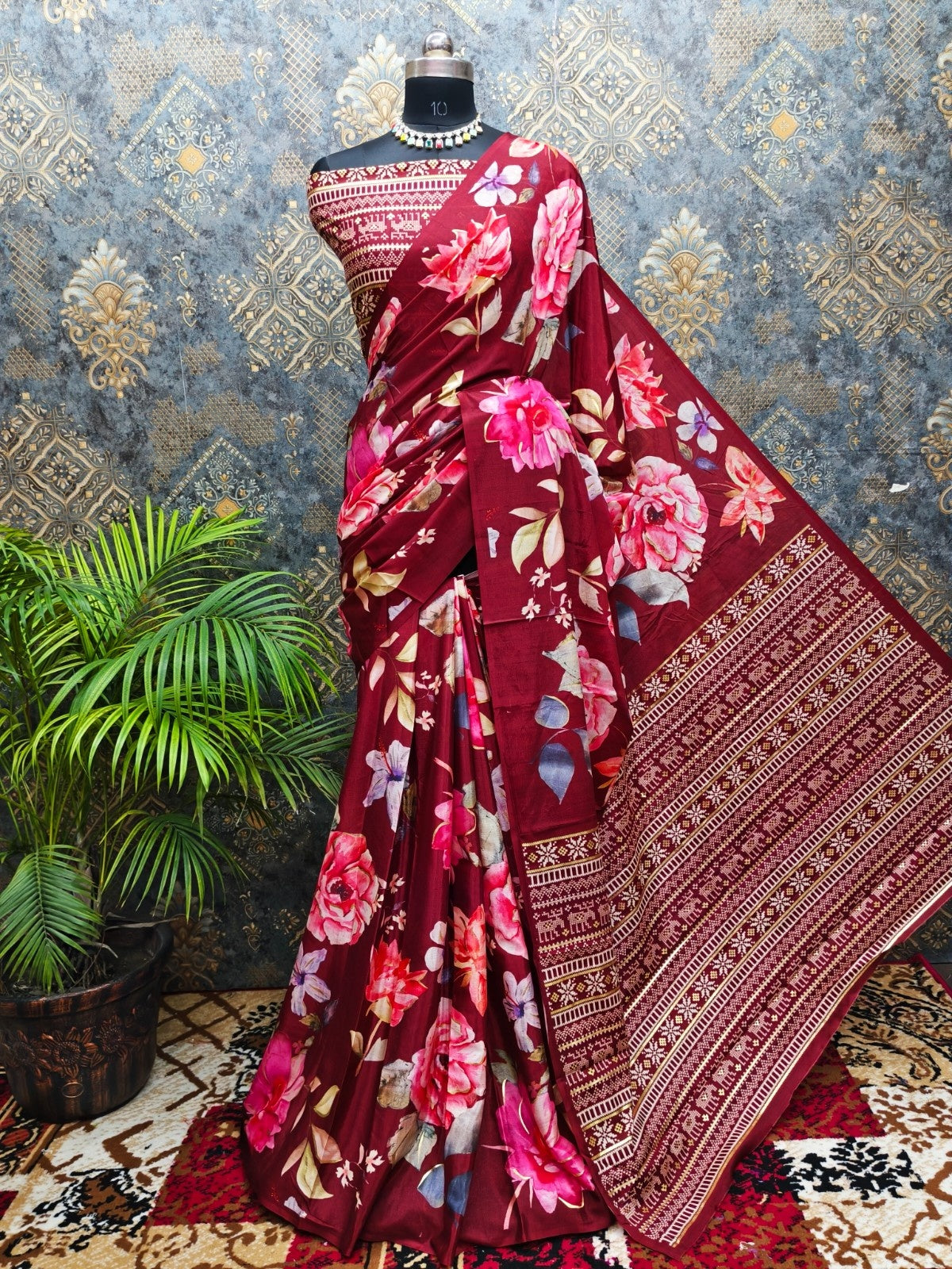 Premium Chinon Soft Silk Saree with Foil Digital Floral Print