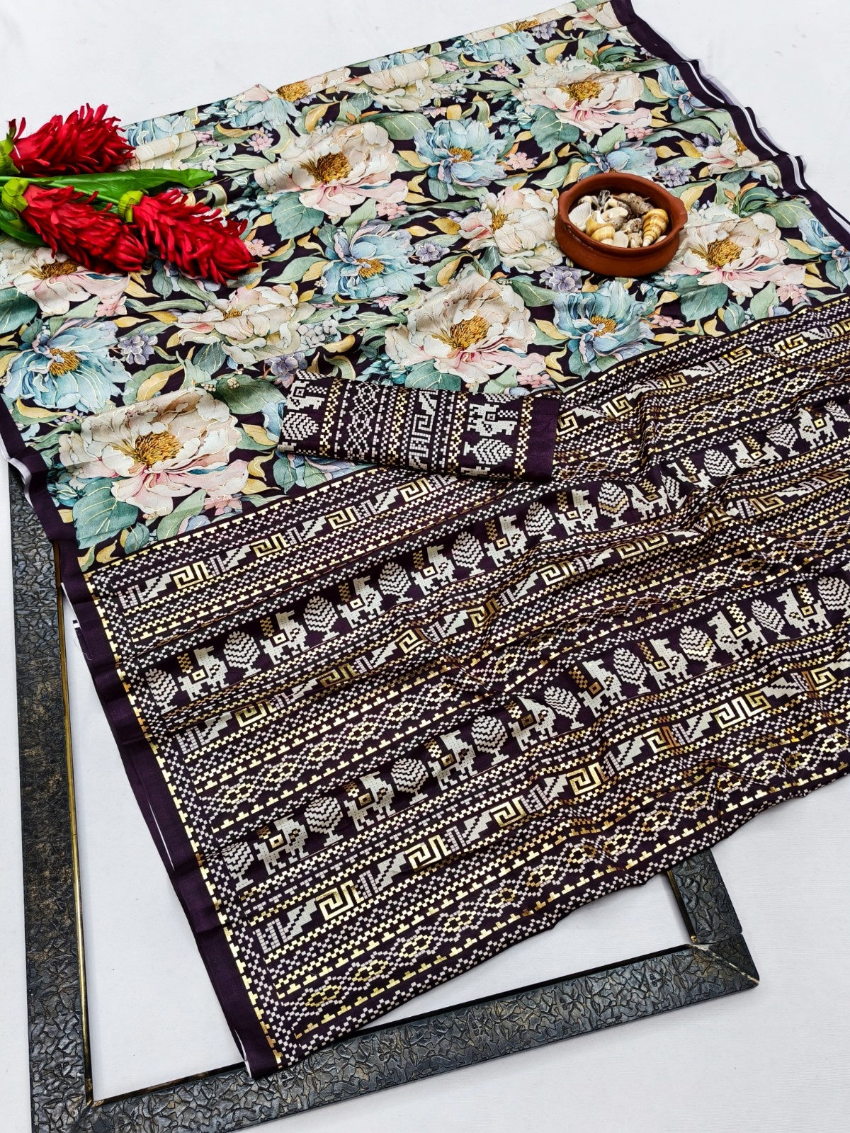Premium Chinon Soft Silk Saree with Foil Digital Floral Print