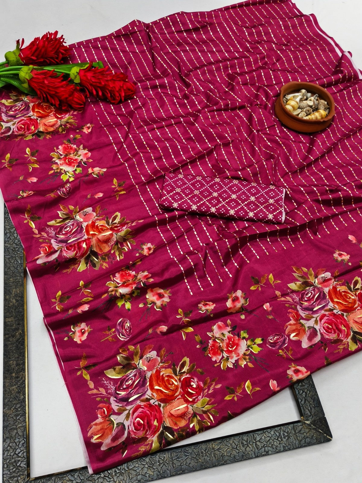 Premium Chinon Soft Silk Saree with Foil Digital Floral Print