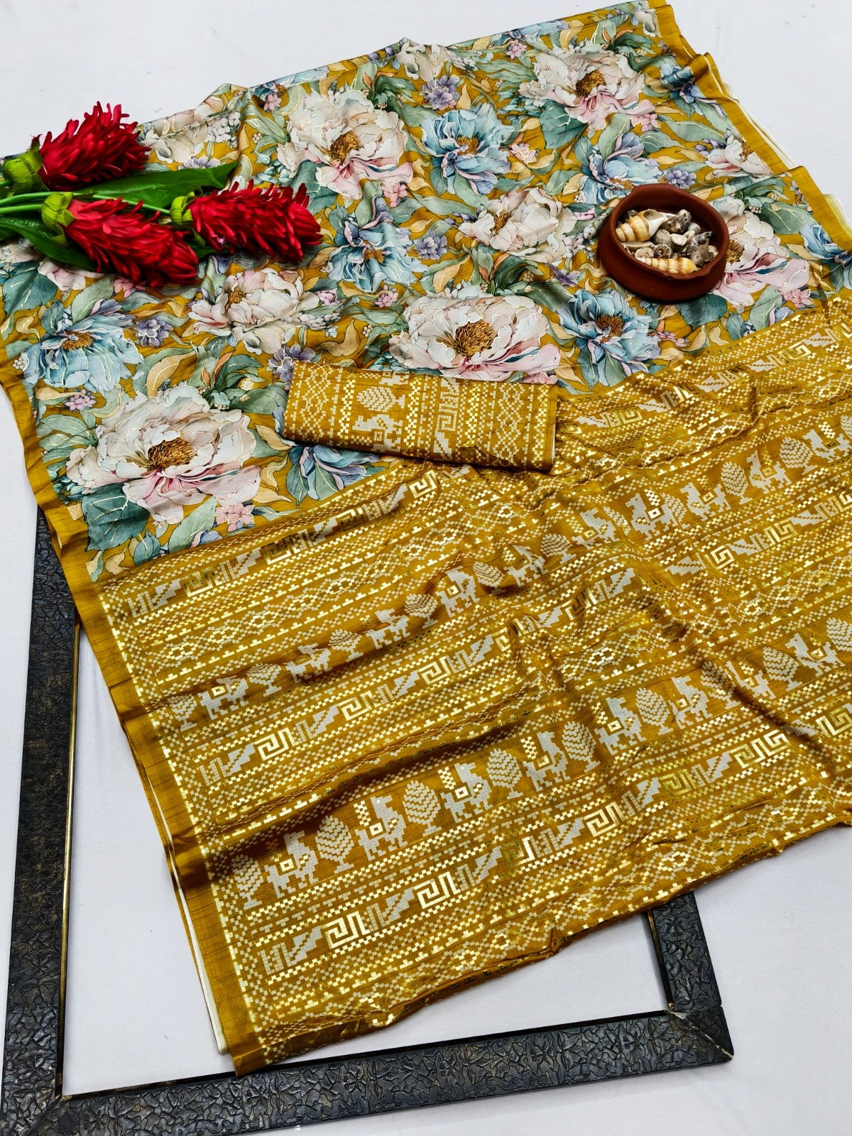 Premium Chinon Soft Silk Saree with Foil Digital Floral Print