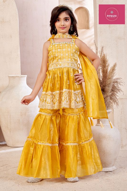 Girls Ethnic Sharara Set – hand and embroidery work on gold crush fabric