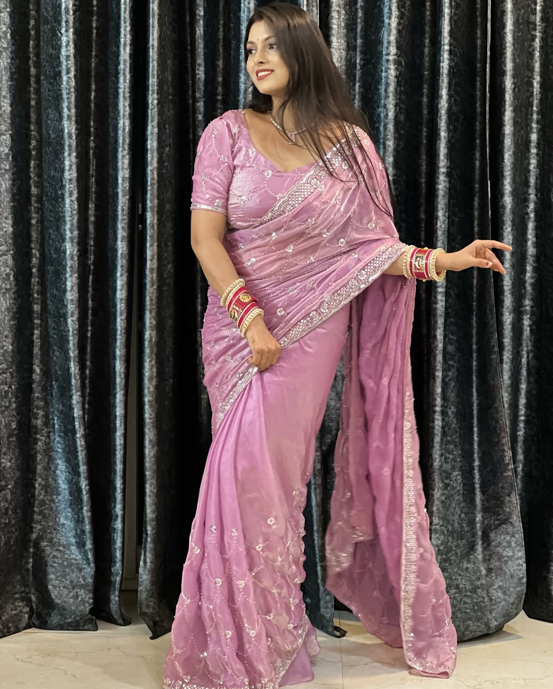 Space Satin Dual Shade Saree with Tone-to-Tone Bead Work