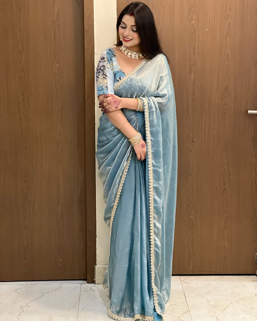 Fendy Silk Saree with Stone Lace Border & Embroidered Chinnon Blouse