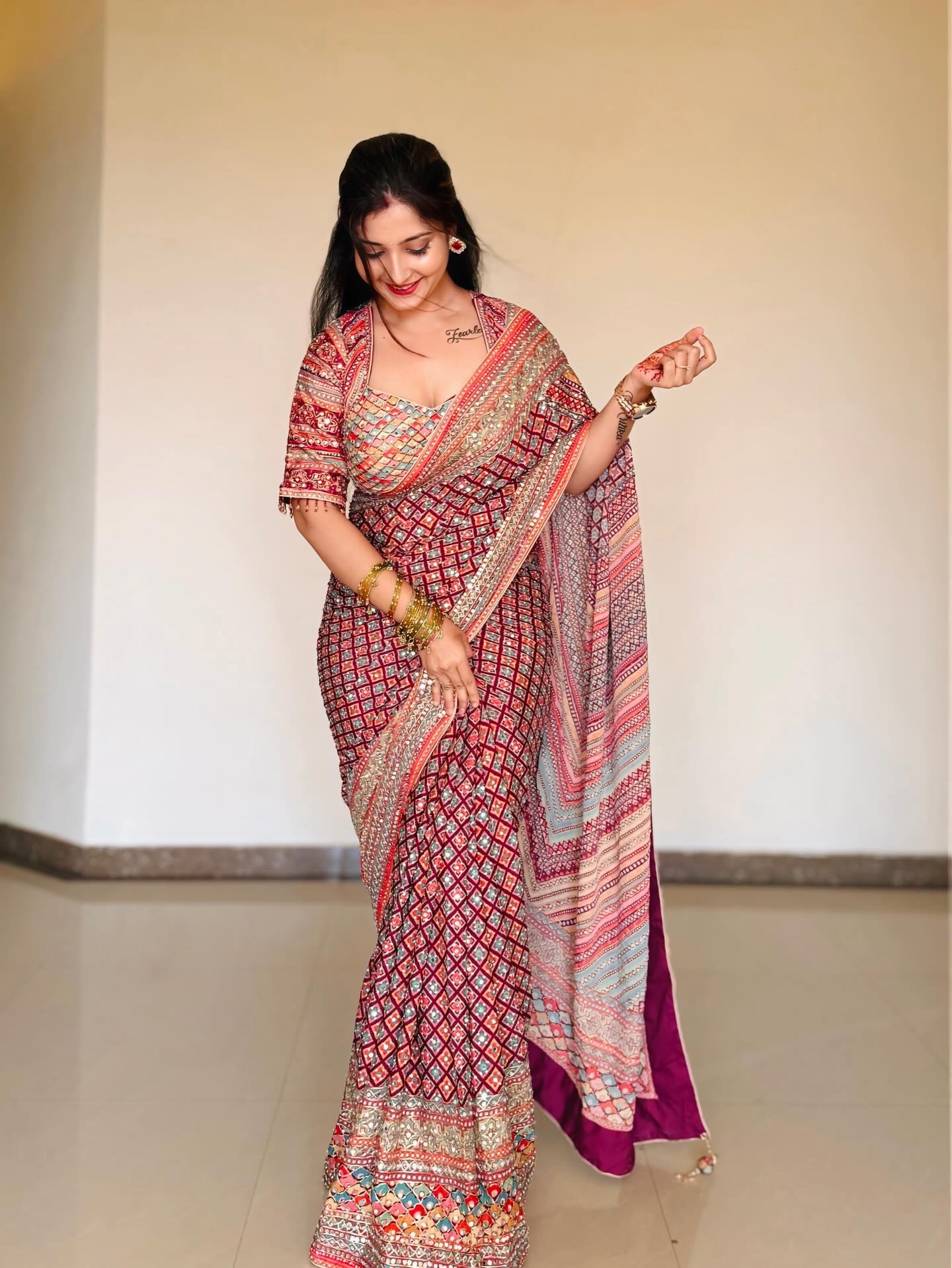 Premium Soft Chinnon Saree with Gold Zari and Real Mirror Work