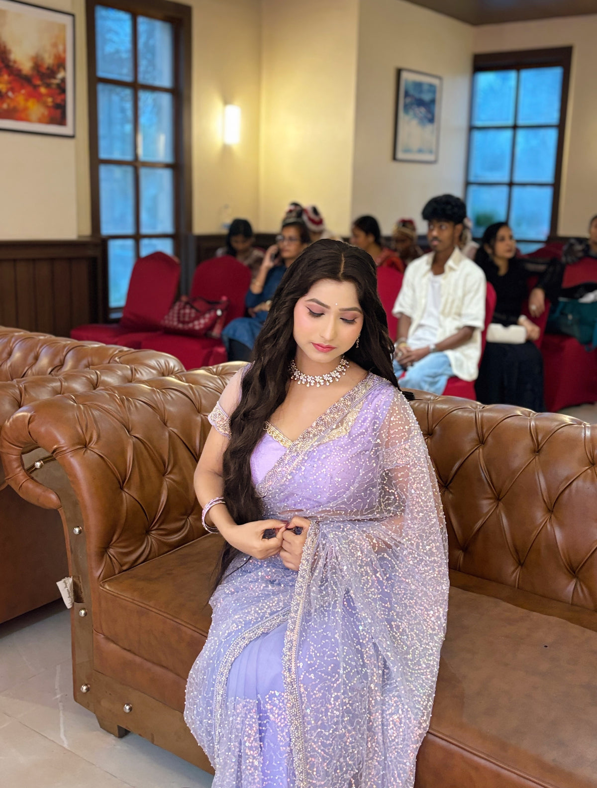 Wedding Wear Soft Net Sequins & Beads Work Saree with Designer Border