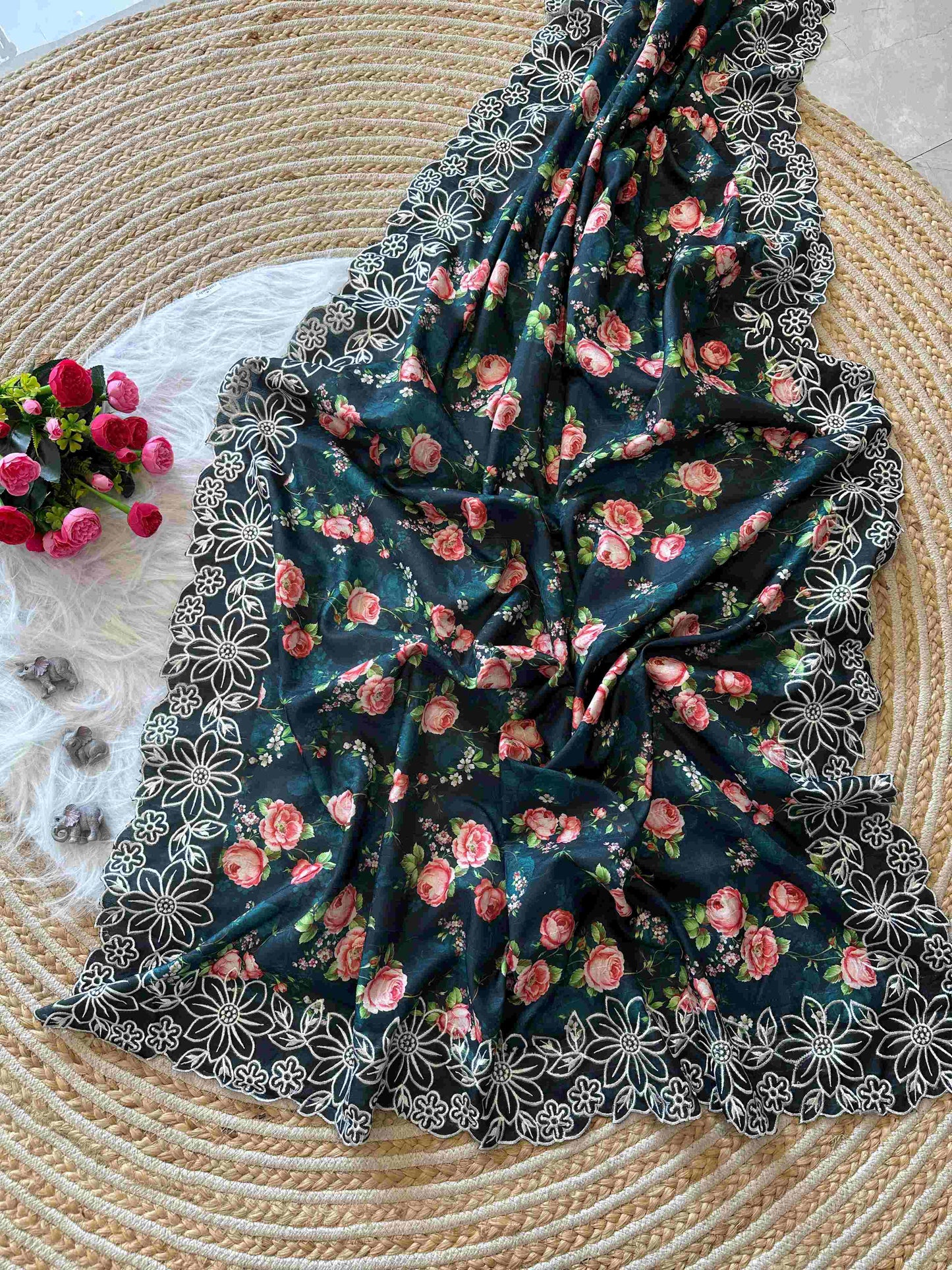 Tussar Silk Saree With Floral digital print With Lucknowi Thread Chikankari zari work paired