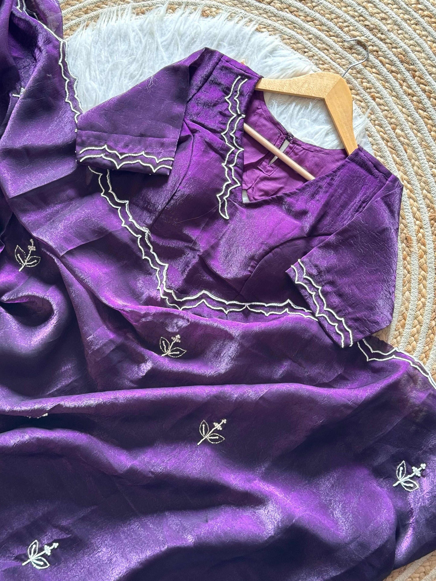 Pure jimichoo satin silk saree with beads hand work