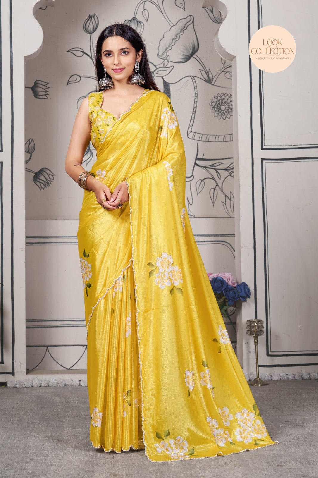 Stunning New yellow Printed Pure Chinon Cutwork Saree