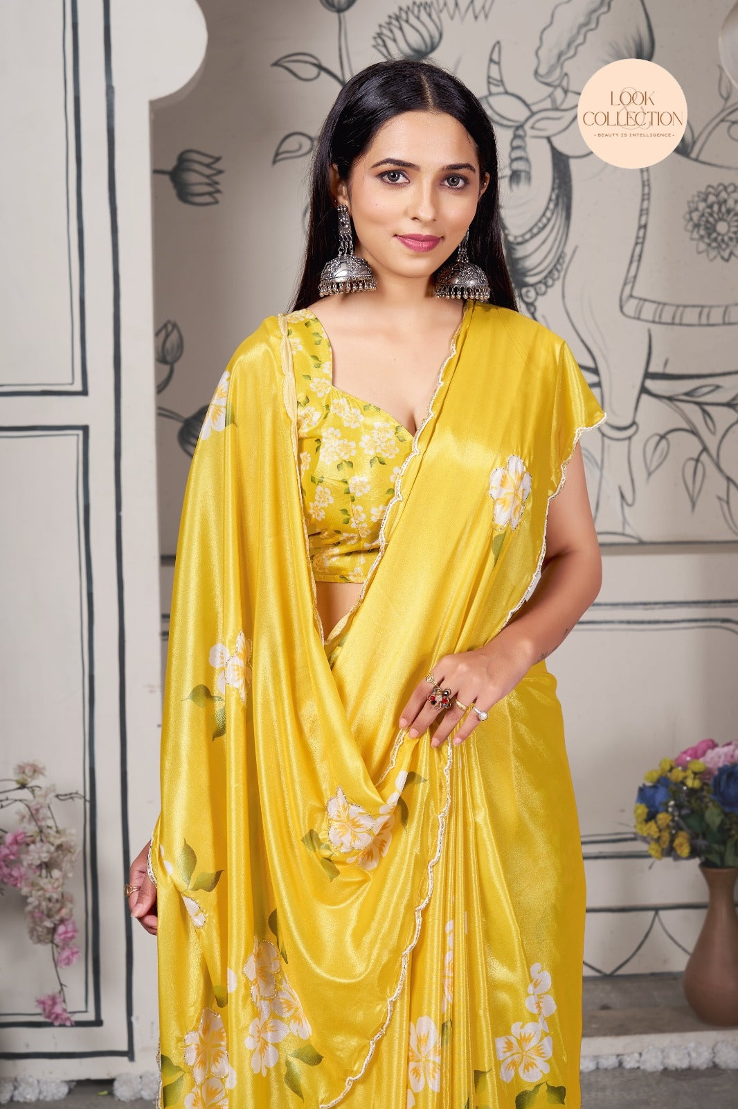 Stunning New yellow Printed Pure Chinon Cutwork Saree