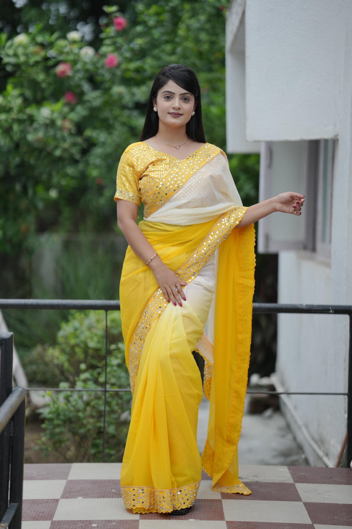 Dark to light Shaded Saree Fabric with Designer Embroidered Lace