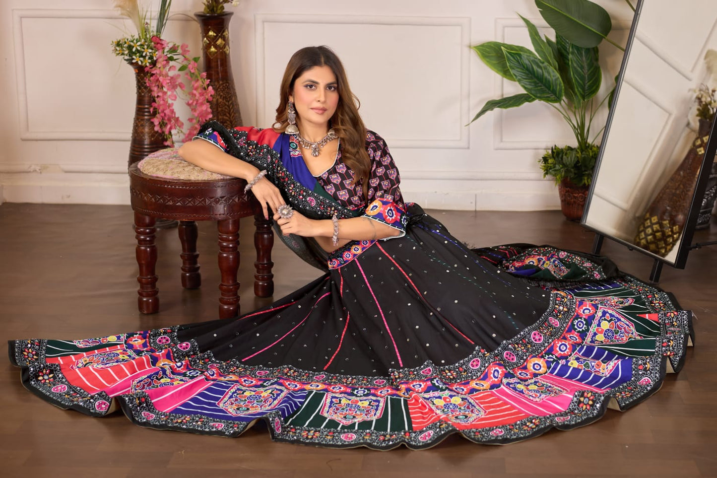 Premium Rayon Cotton Digital Print Work Lahenga Choli Black