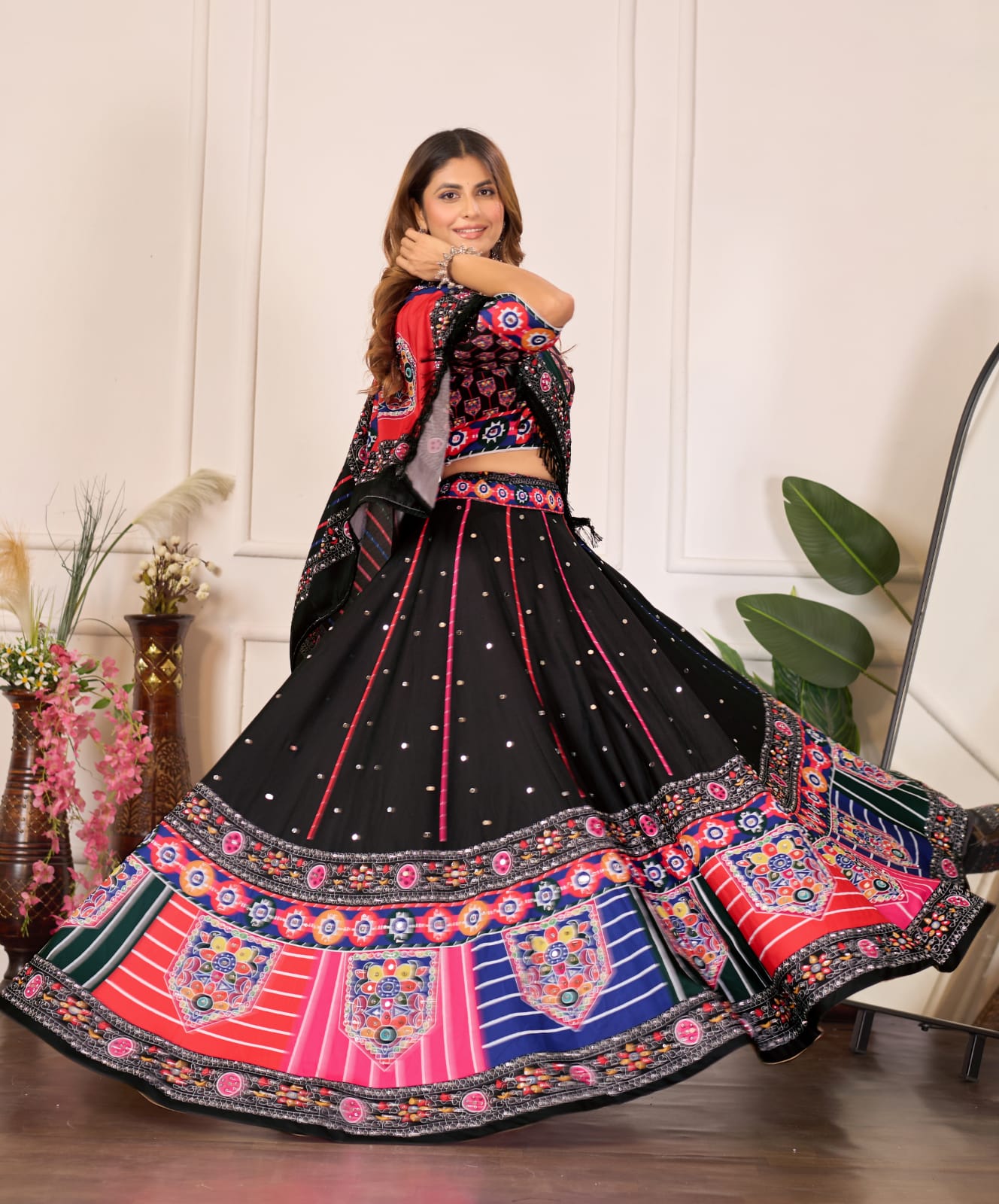 Premium Rayon Cotton Digital Print Work Lahenga Choli Black