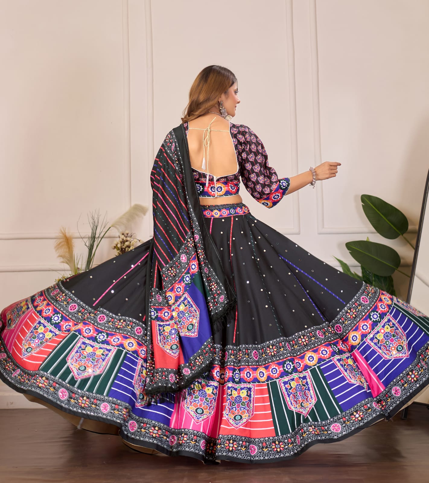 Premium Rayon Cotton Digital Print Work Lahenga Choli Black