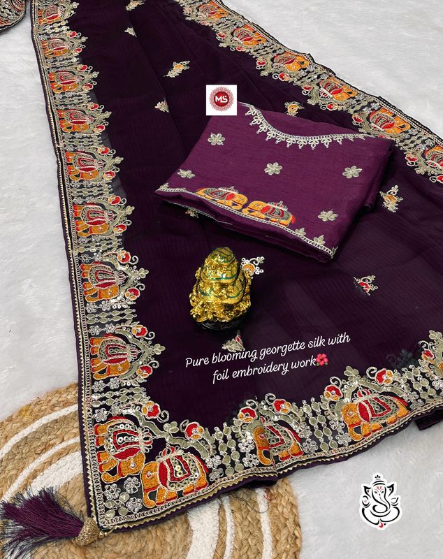 Pure Blooming Georgatte Saree gottpati foil work