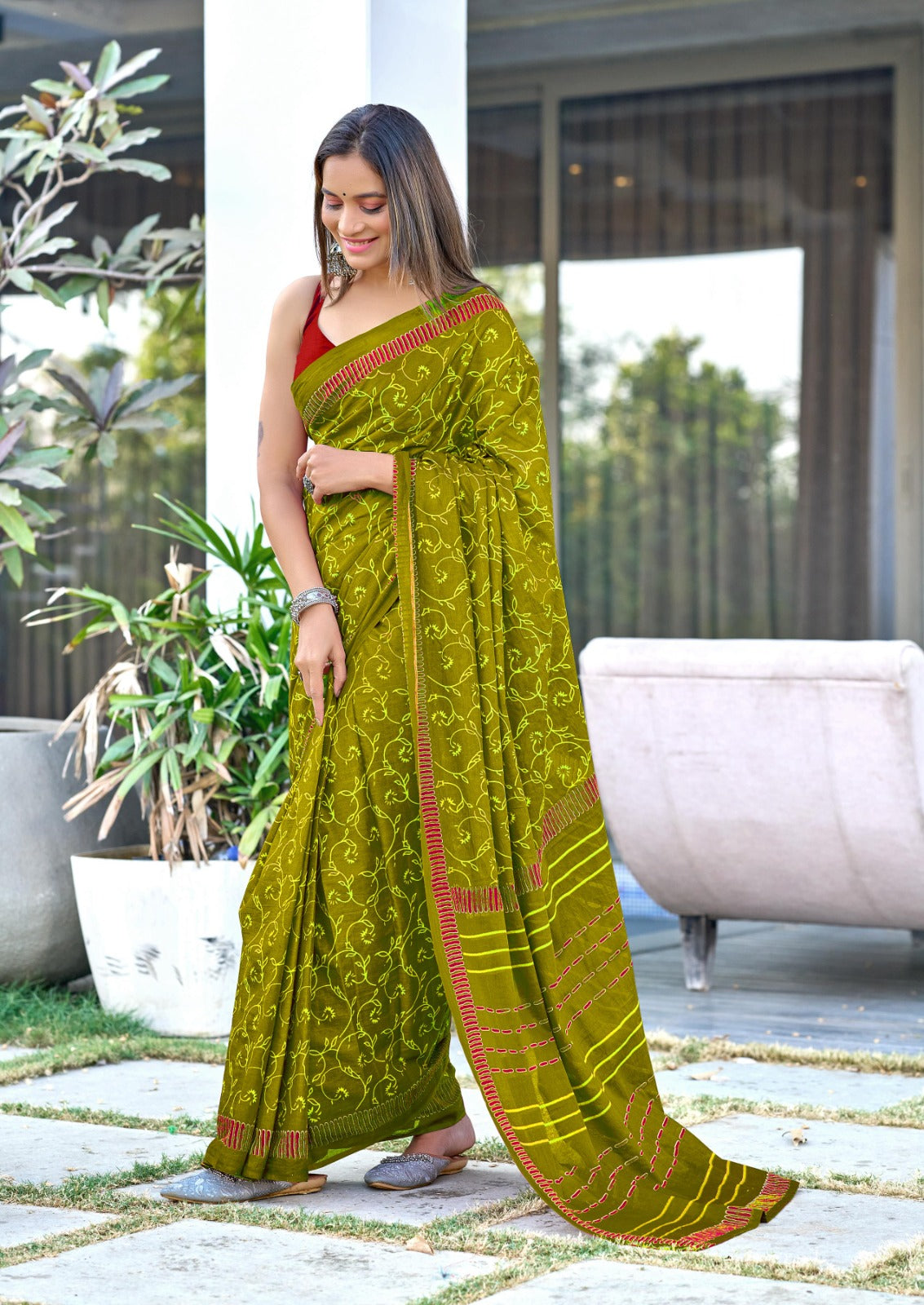 Soft Mulmul Ajrakh Print Saree with Blouse