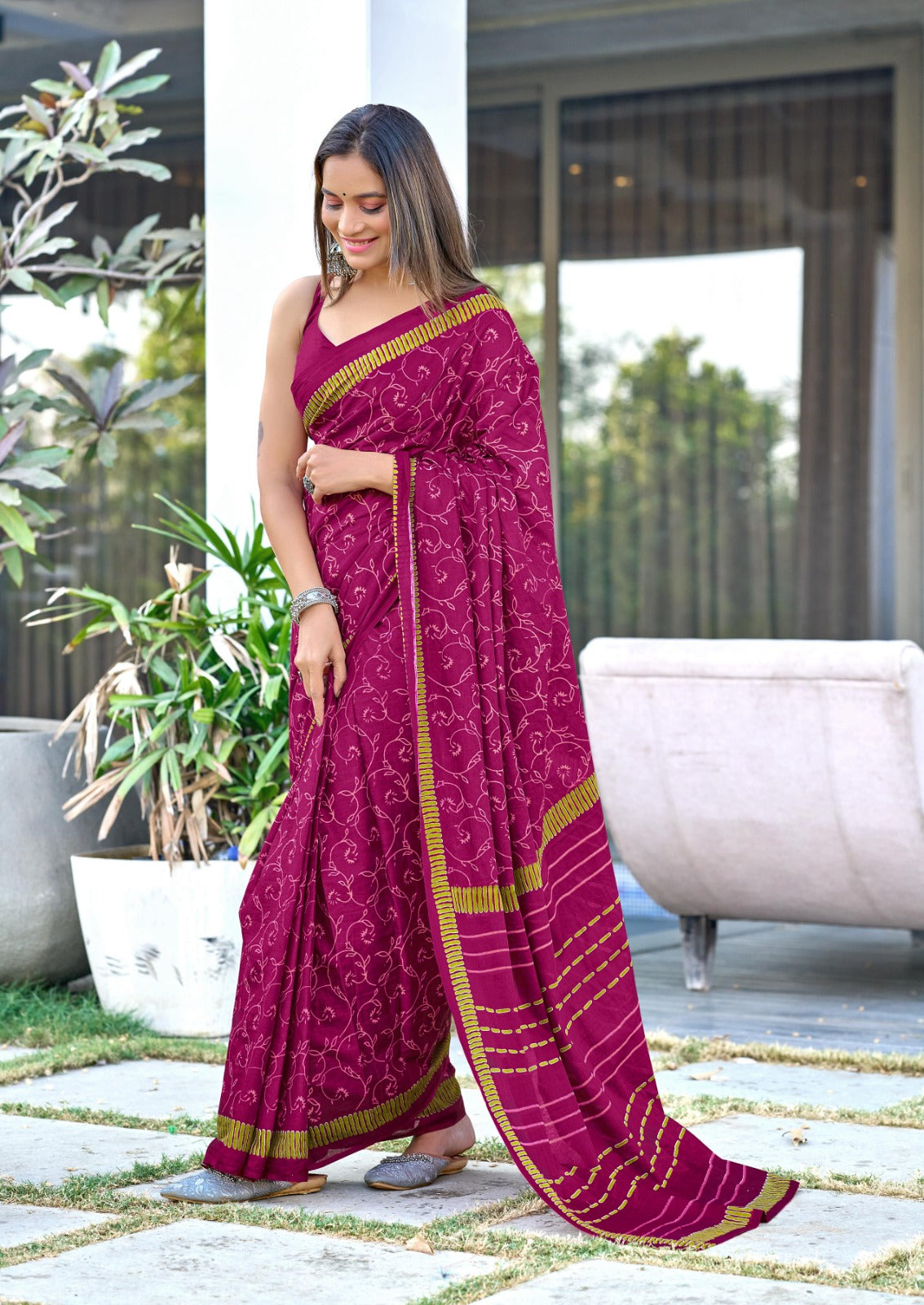 Soft Mulmul Ajrakh Print Saree with Blouse
