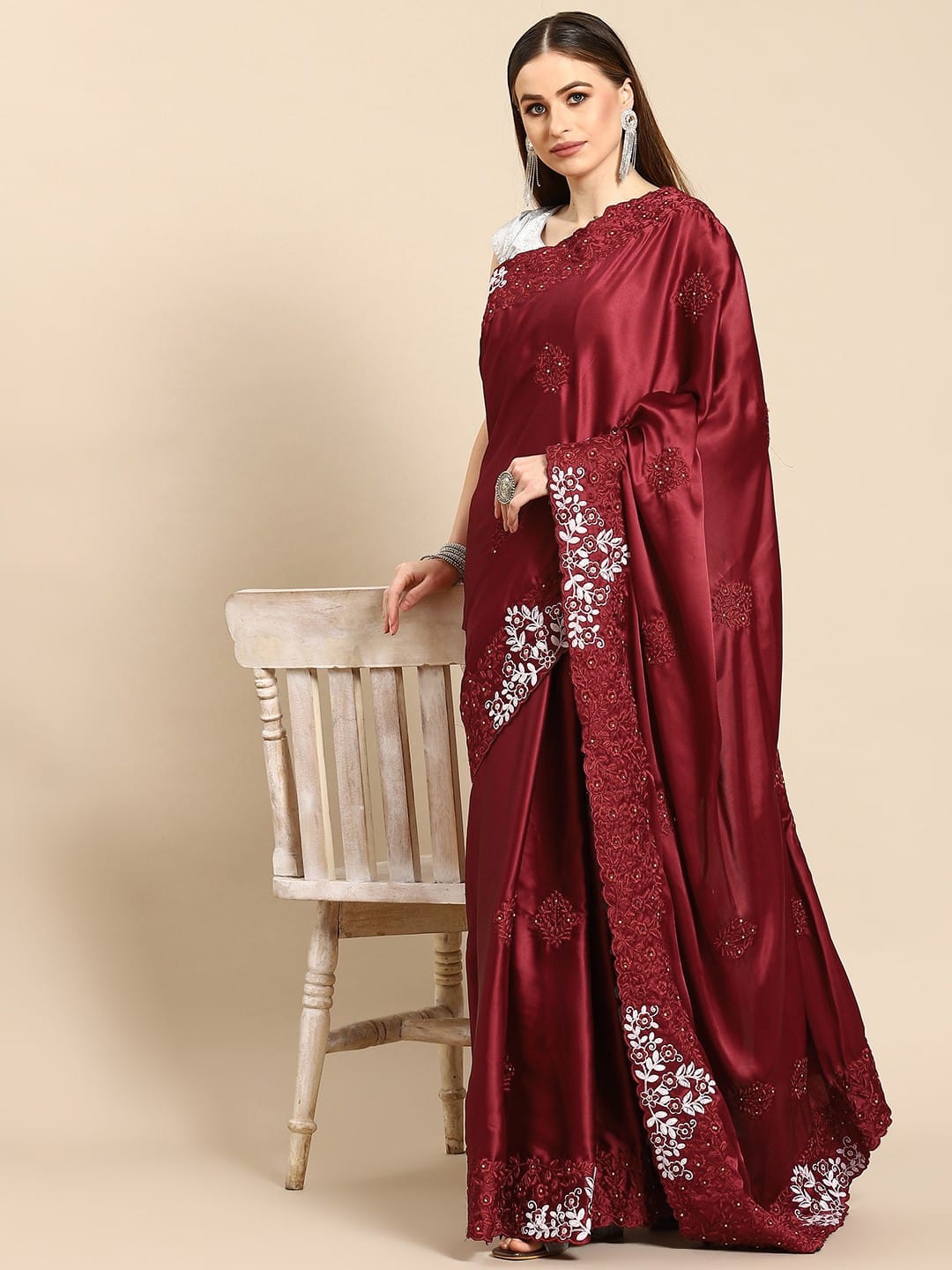 Premium Satin Saree with Resham & Moti Work