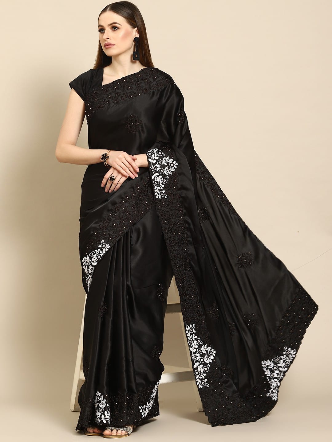Premium Satin Saree with Resham & Moti Work