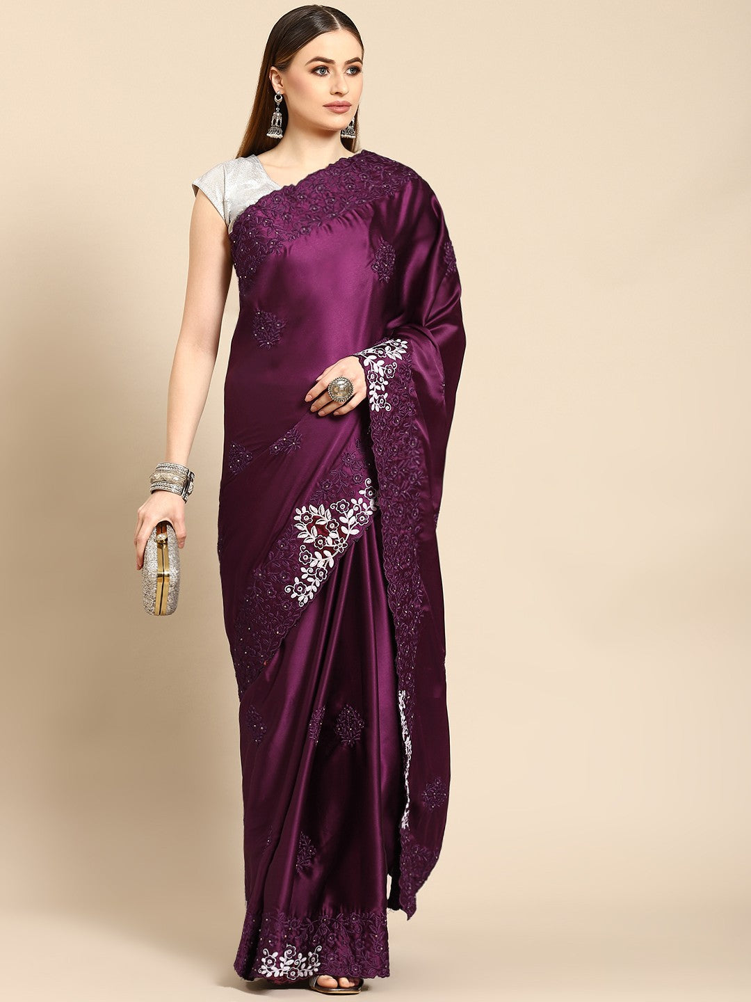 Premium Satin Saree with Resham & Moti Work