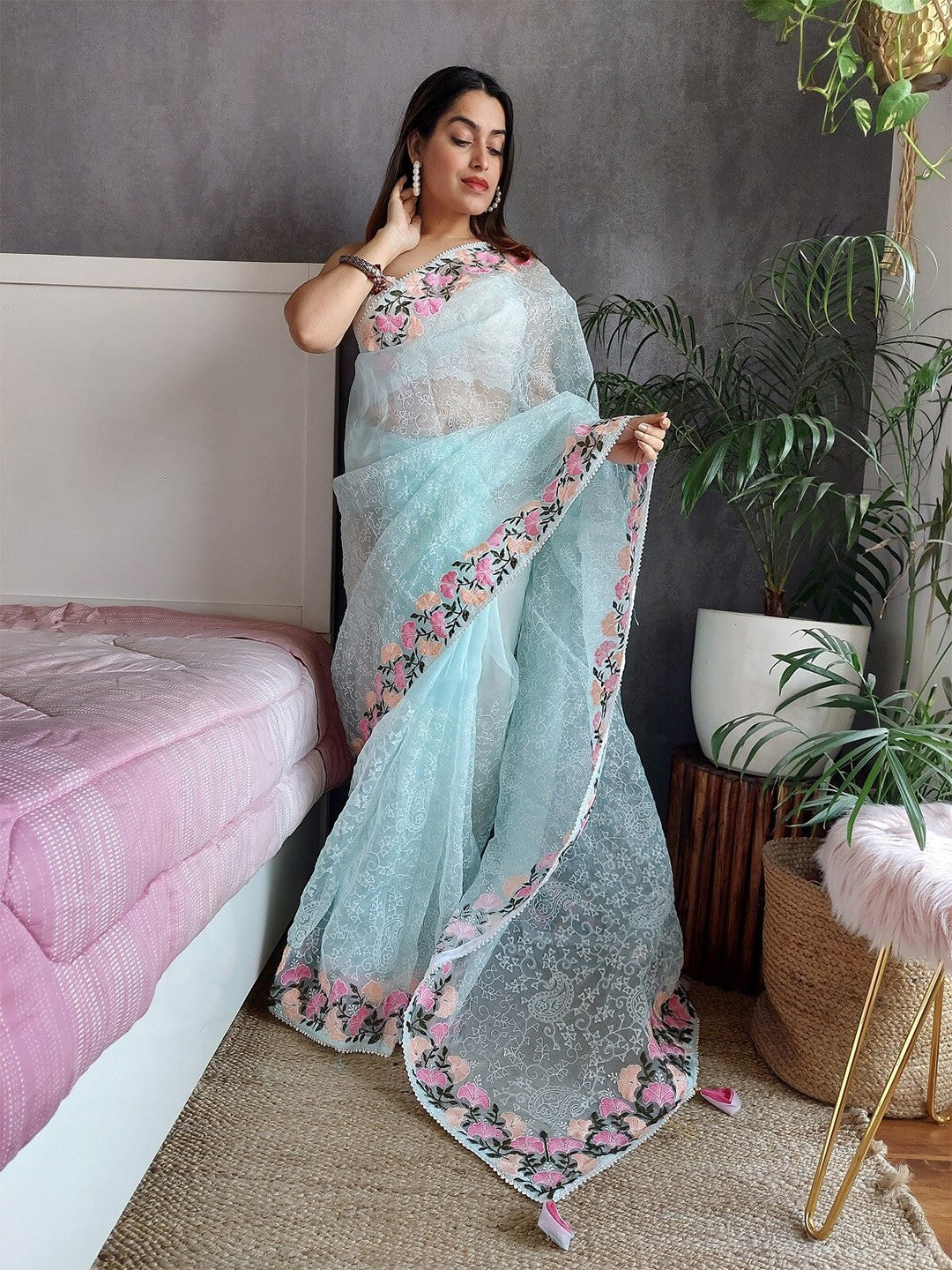 Satin Organza Saree with Resham Embroidery and Plain Blouse