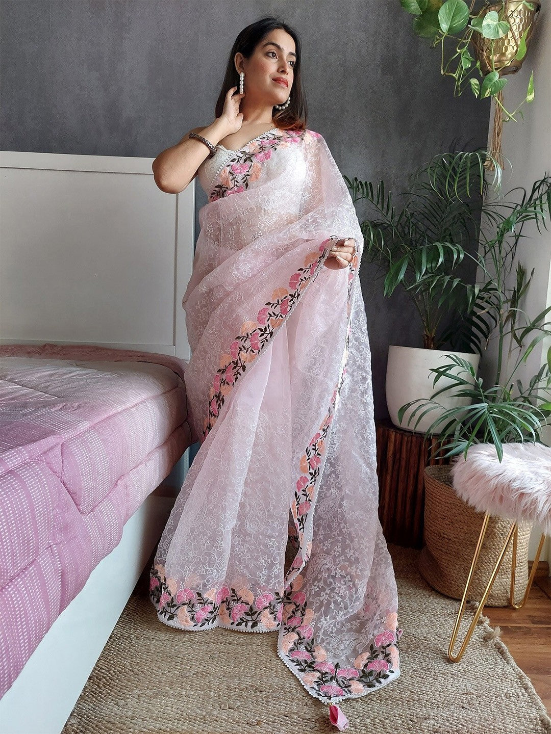 Satin Organza Saree with Resham Embroidery and Plain Blouse