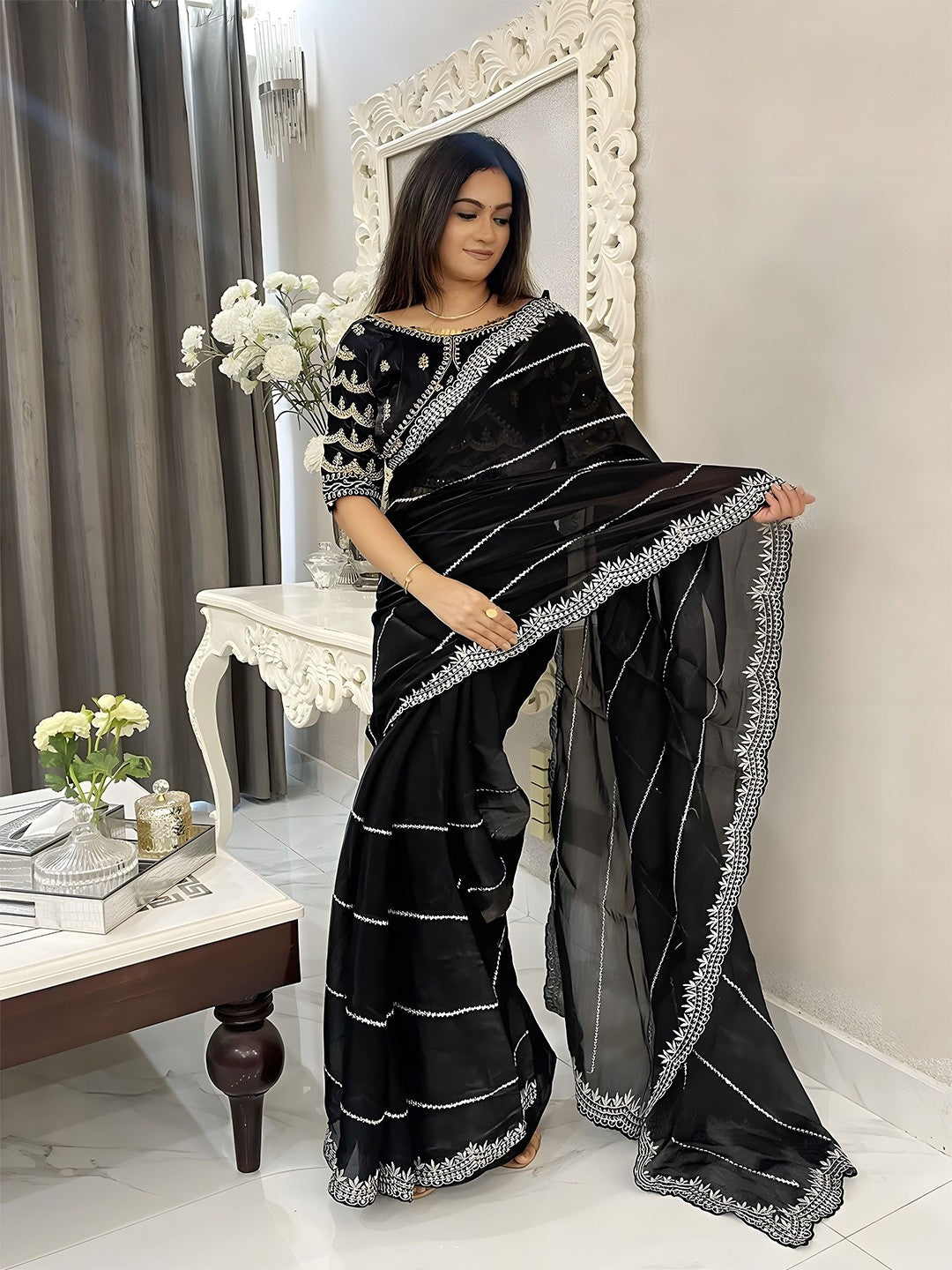 Satin Organza Saree with Cutwork Border & Heavy Blouse