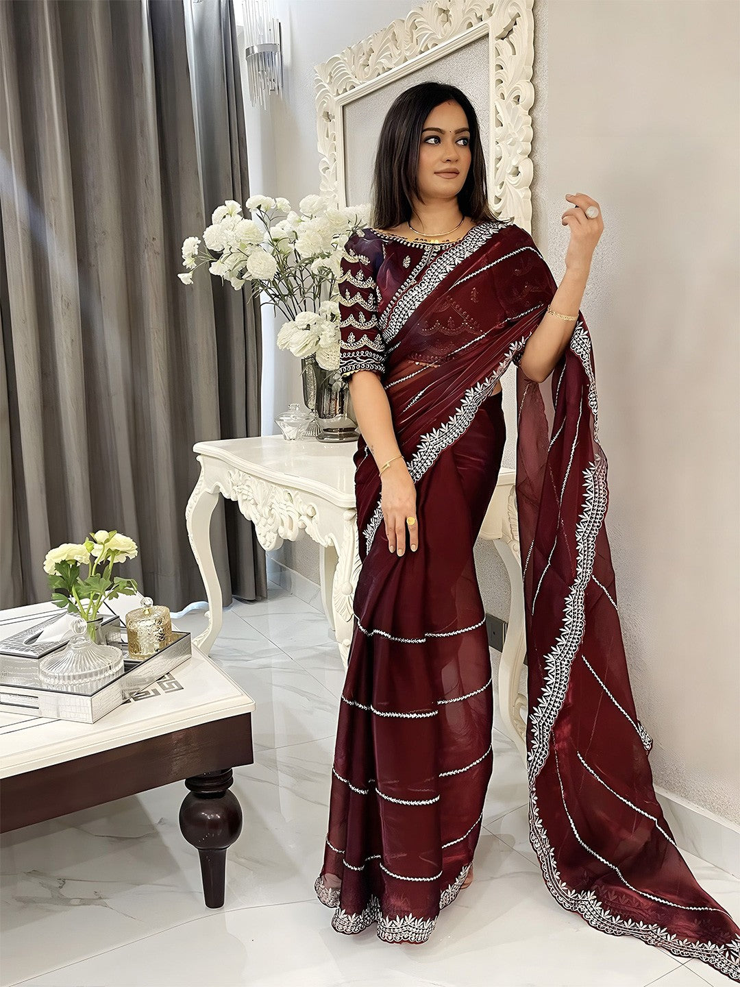 Satin Organza Saree with Cutwork Border & Heavy Blouse