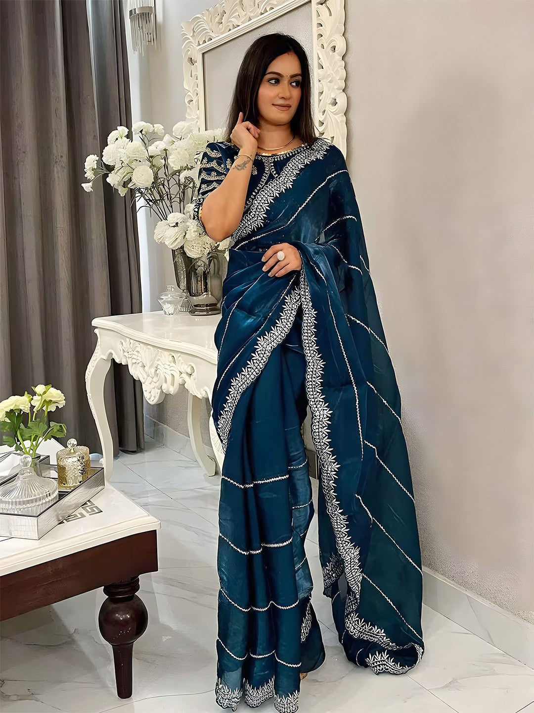 Satin Organza Saree with Cutwork Border & Heavy Blouse