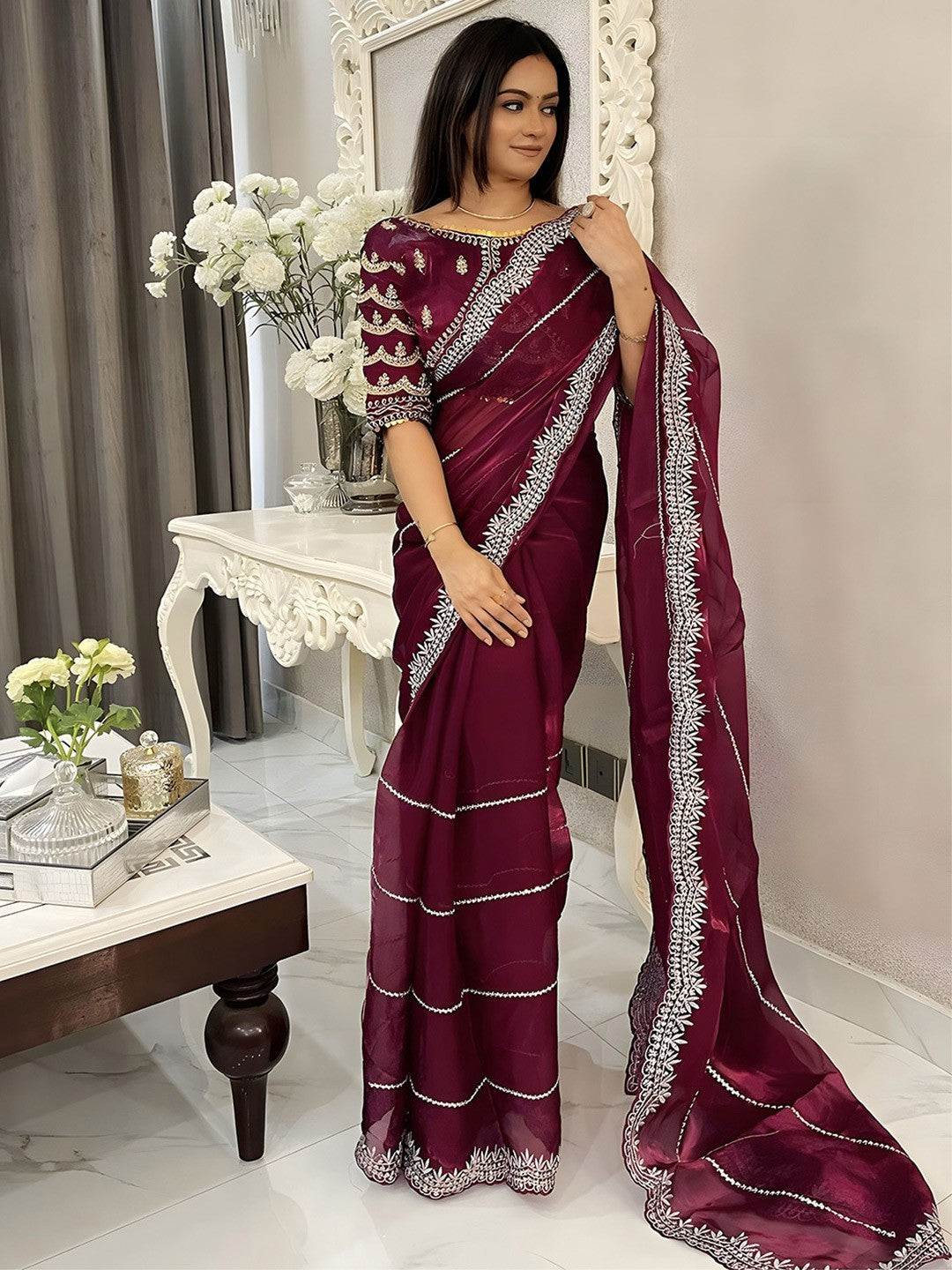 Satin Organza Saree with Cutwork Border & Heavy Blouse