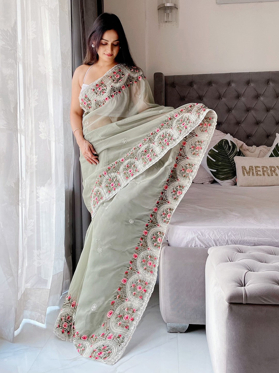 Resham & Sequin Work Organza Saree with Plain White Blouse