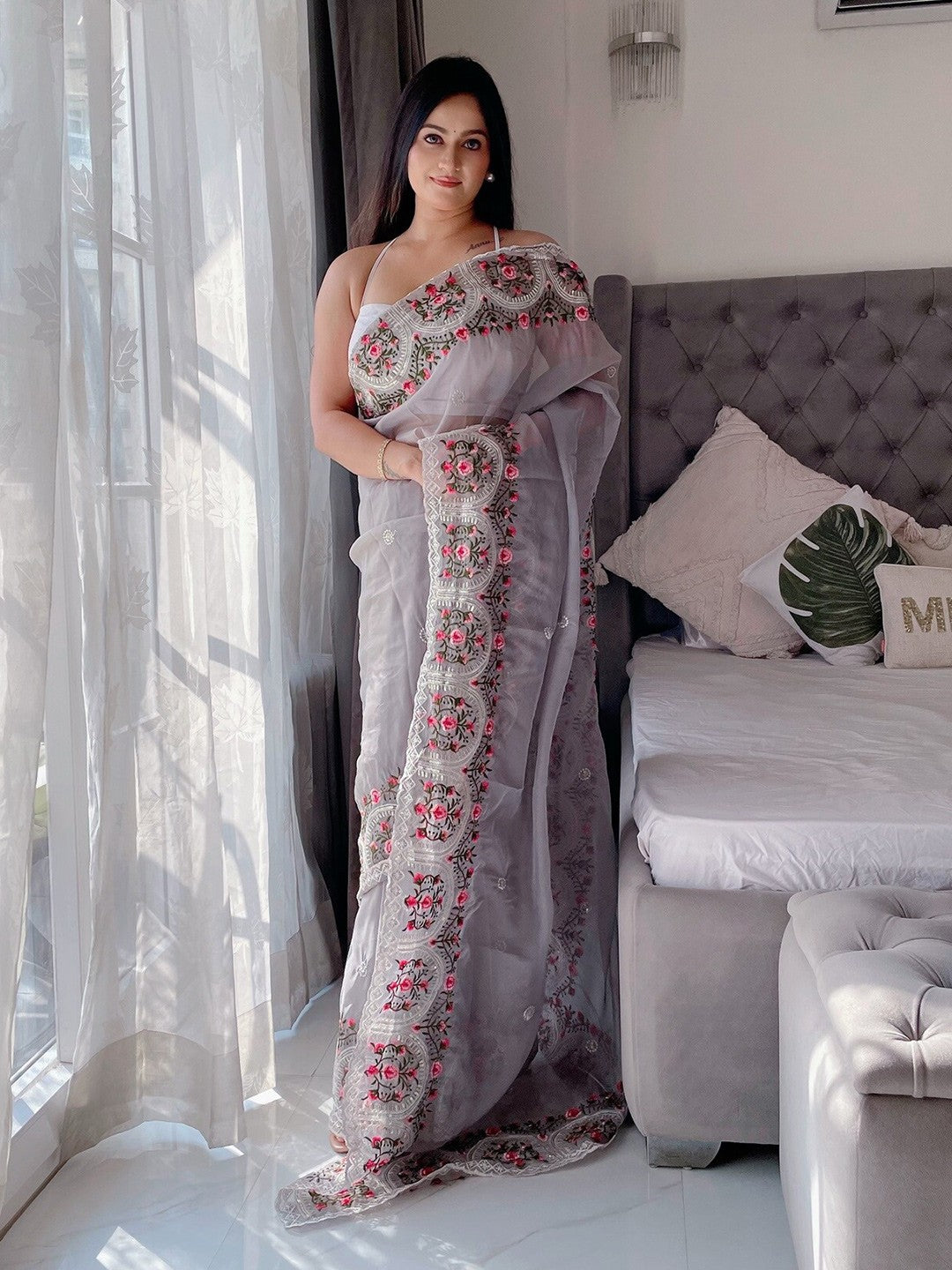 Resham & Sequin Work Organza Saree with Plain White Blouse