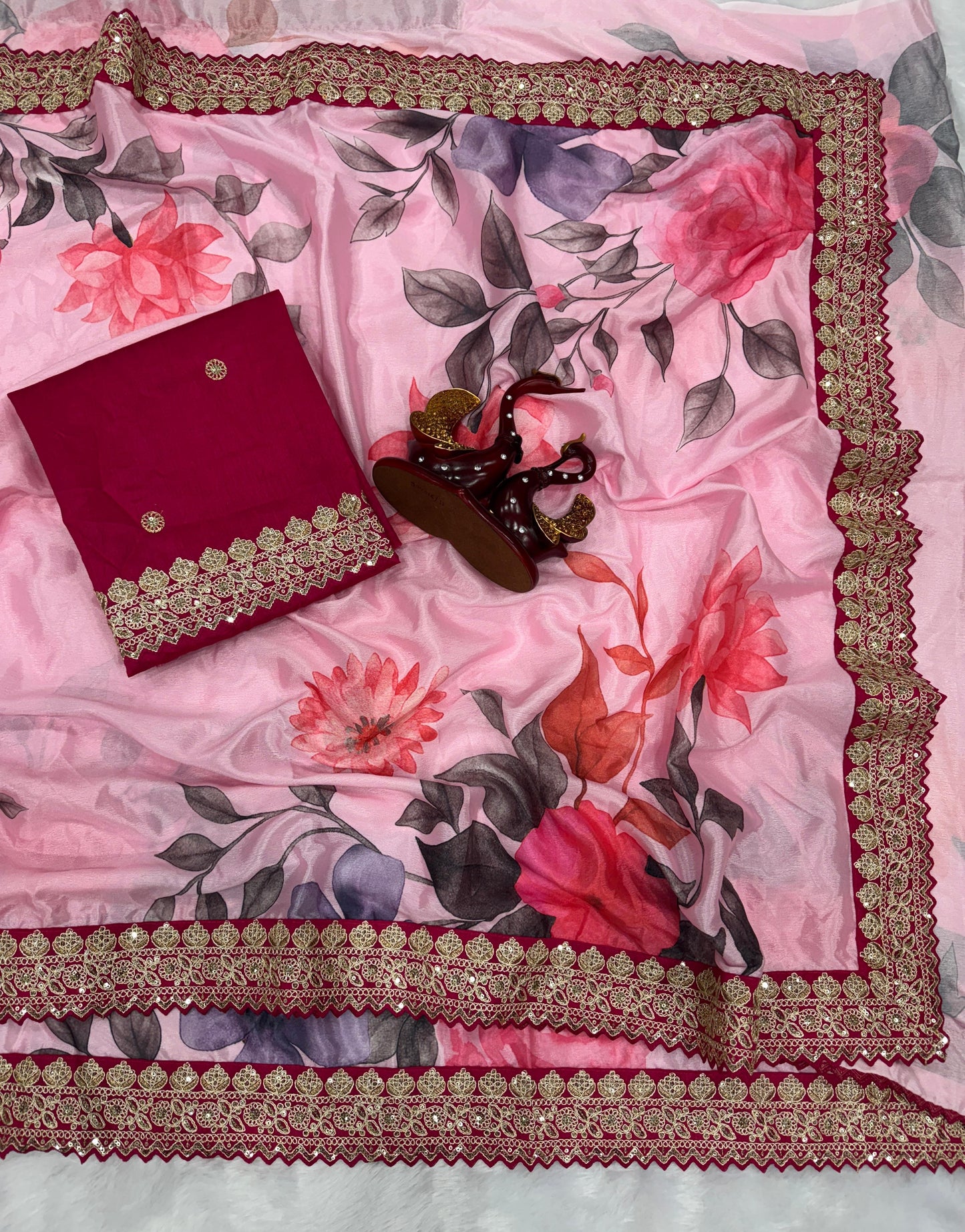 Luxurious Chinnon Silk Floral Designer Saree