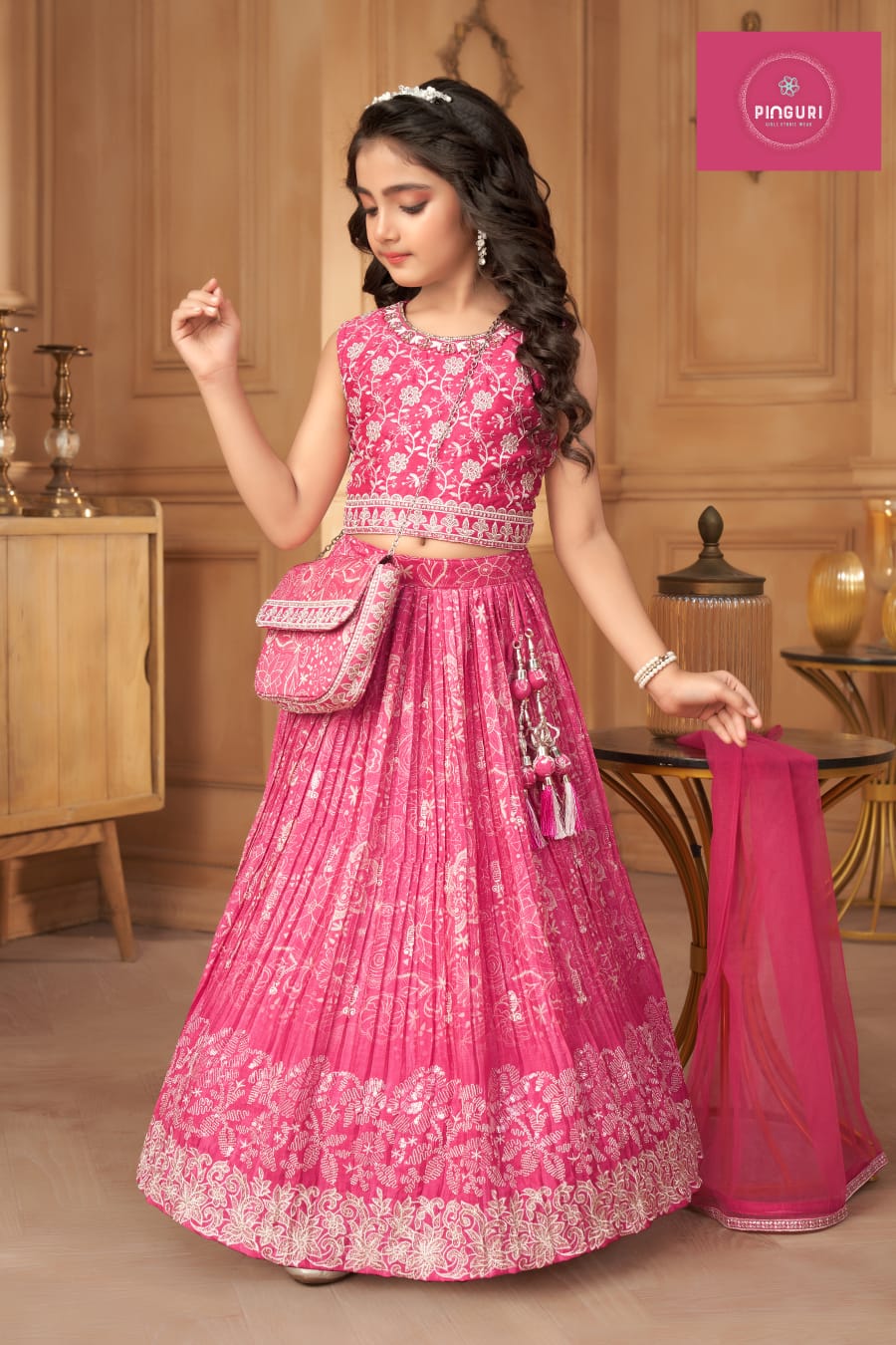 Presenting Girl's Ethnic Pink Lehenga Set with Dupatta & Purse