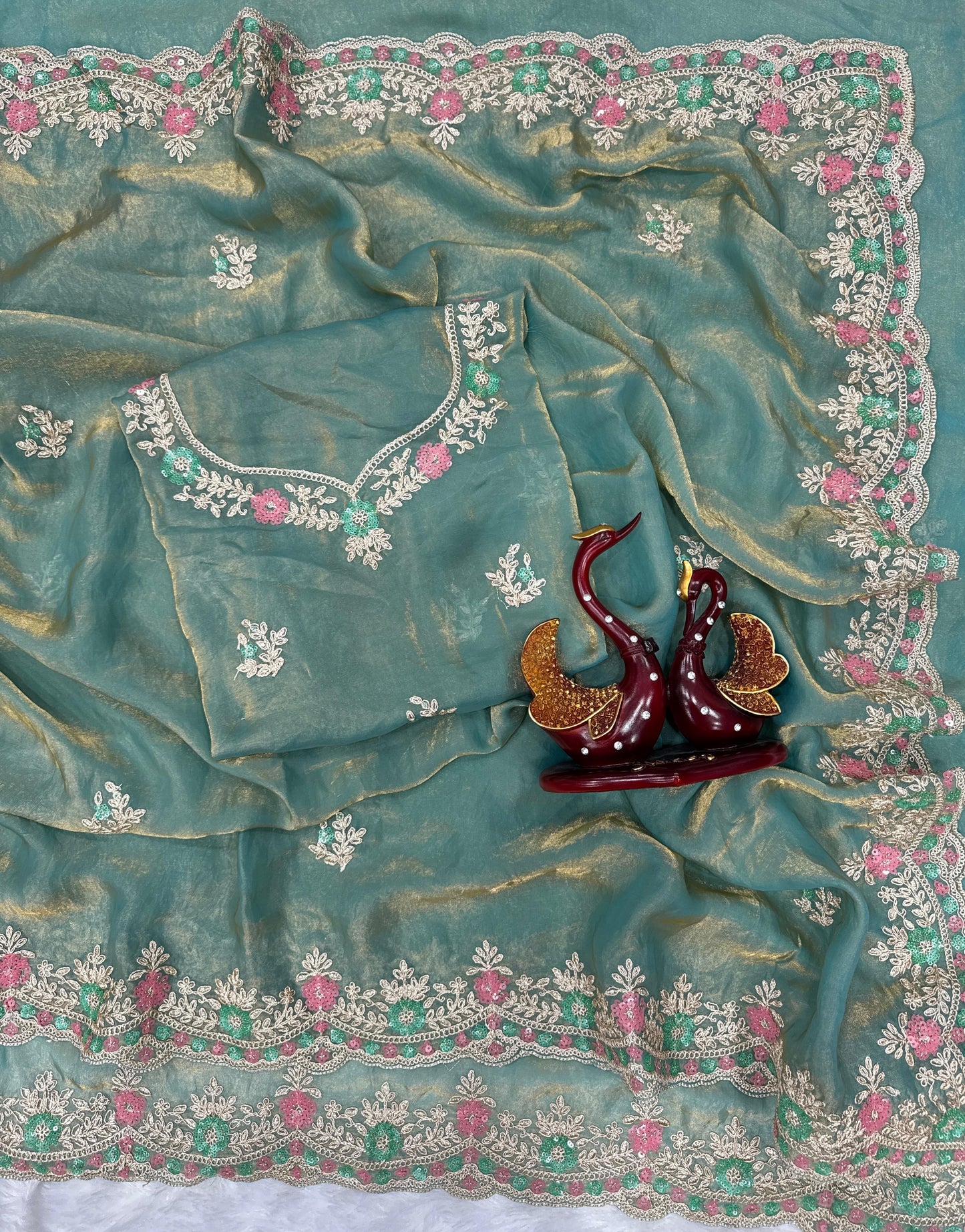 Premium Space Silk Rama Saree with Embroidery Work