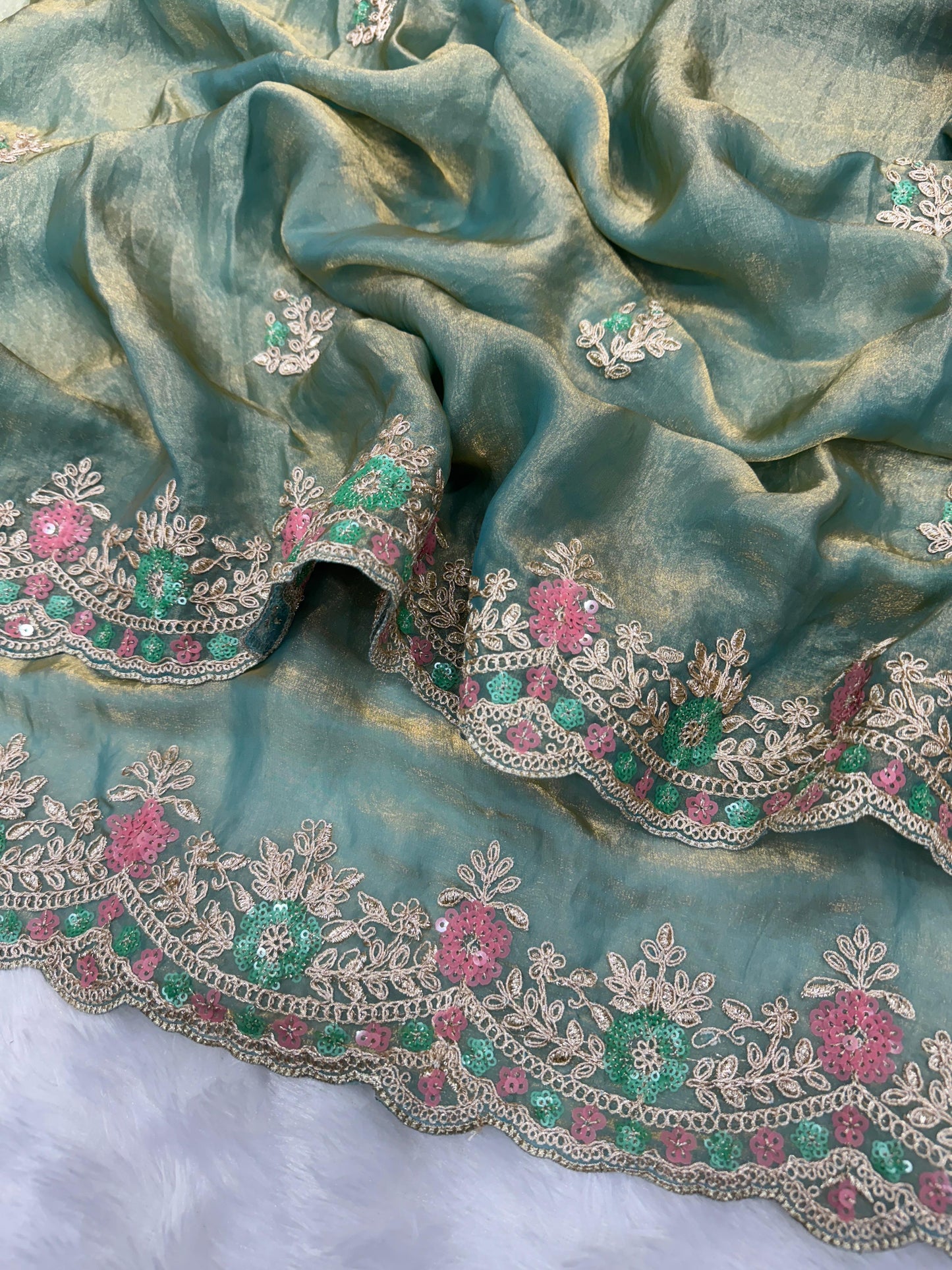 Premium Space Silk Rama Saree with Embroidery Work