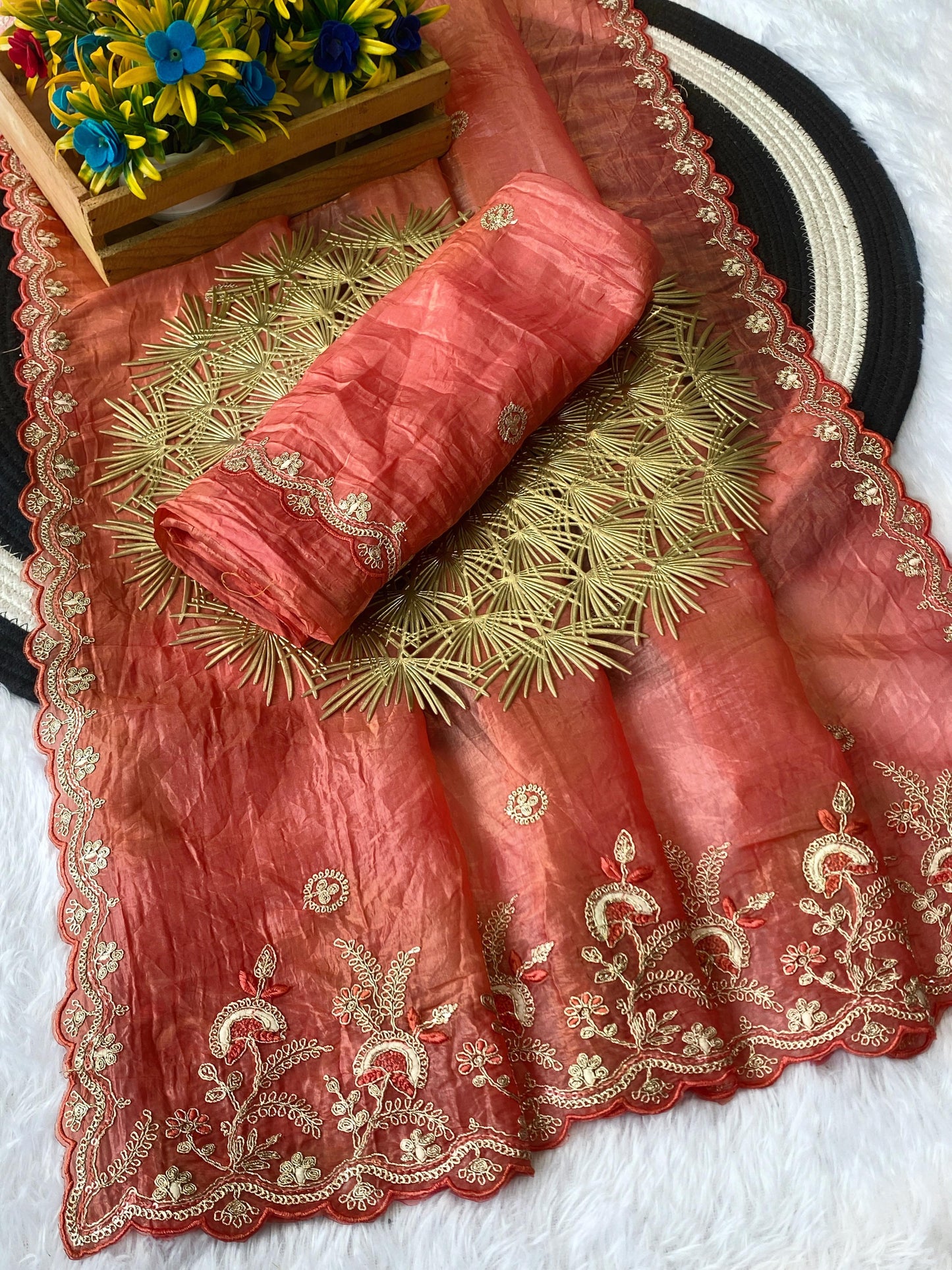 Gold Crush Saree with Silver Sequin & Thread Work