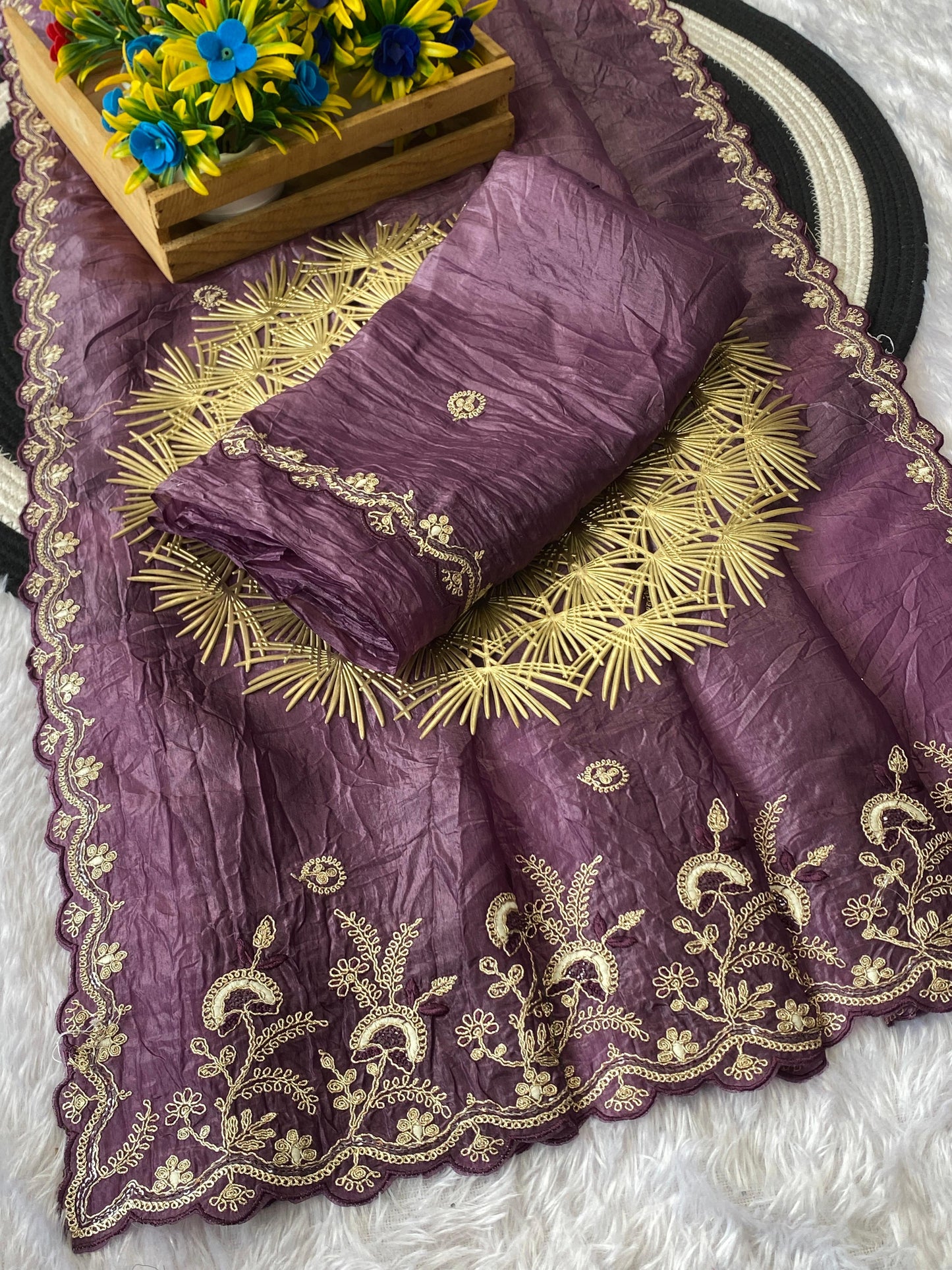 Gold Crush Saree with Silver Sequin & Thread Work